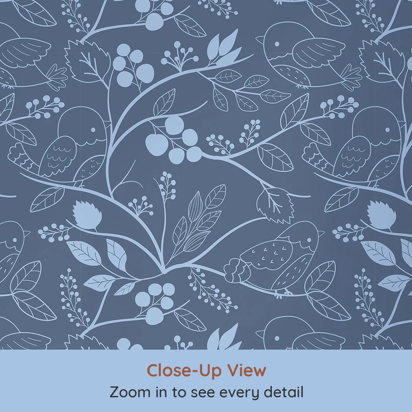 Close-up view of Whimsy Tots' Woodland Silhouette Birds Wallpaper in Blue (W3067B).Gentle bird outlines perch quietly along leafy blue vines.
