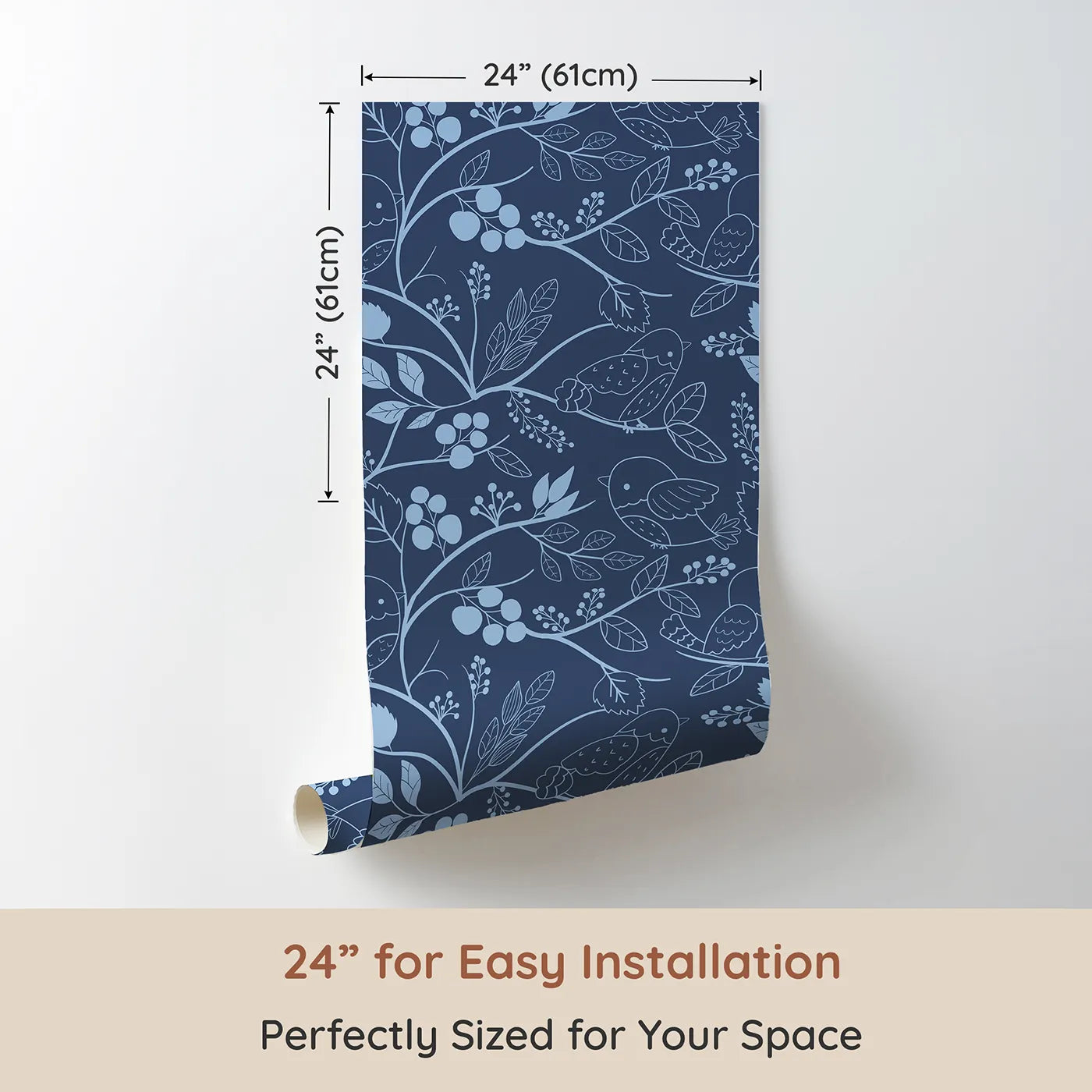 Dimension view of Whimsy Tots Woodland Silhouette Birds Wallpaper in Blue (W3067B). Printed in 24-inch-wide panel for easy installation. Gentle bird outlines perch quietly along leafy blue vines.