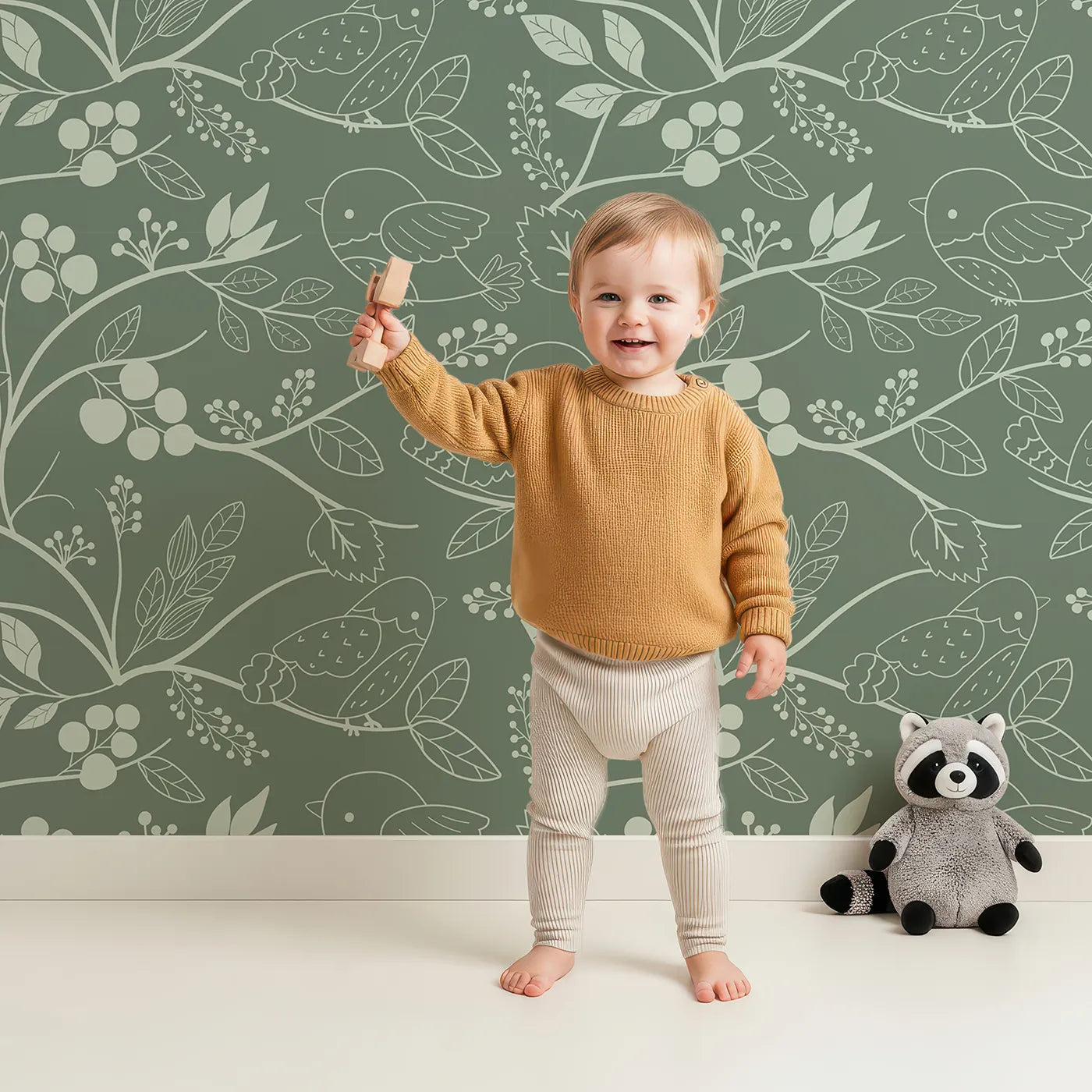 Lovely child standing in front of Whimsy Tots Woodland Silhouette Birds Wallpaper in Green with bird, leaf, branch, berry in design.