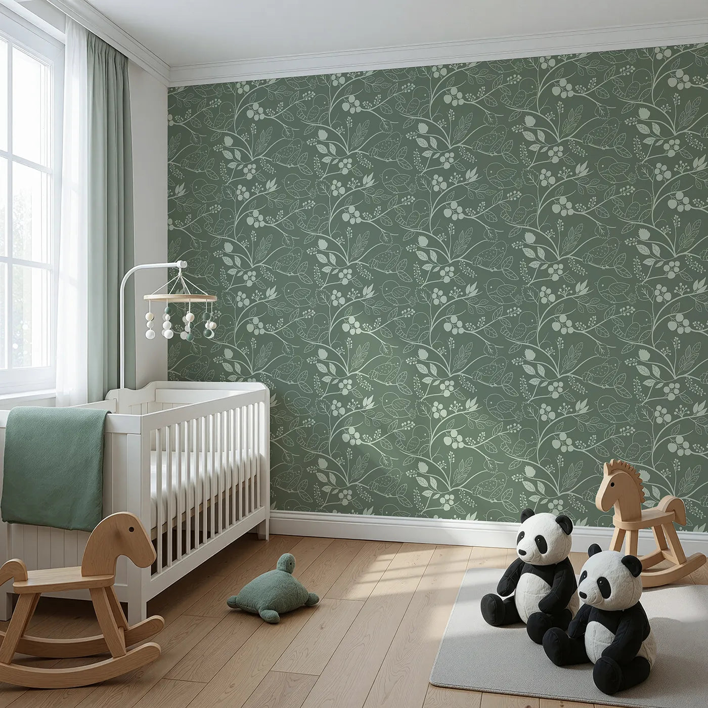 Angled view of Whimsy Tots' Woodland Silhouette Birds Wallpaper in Green (W3067C).Outlined birds and botanical vines wind softly across mossy green.
