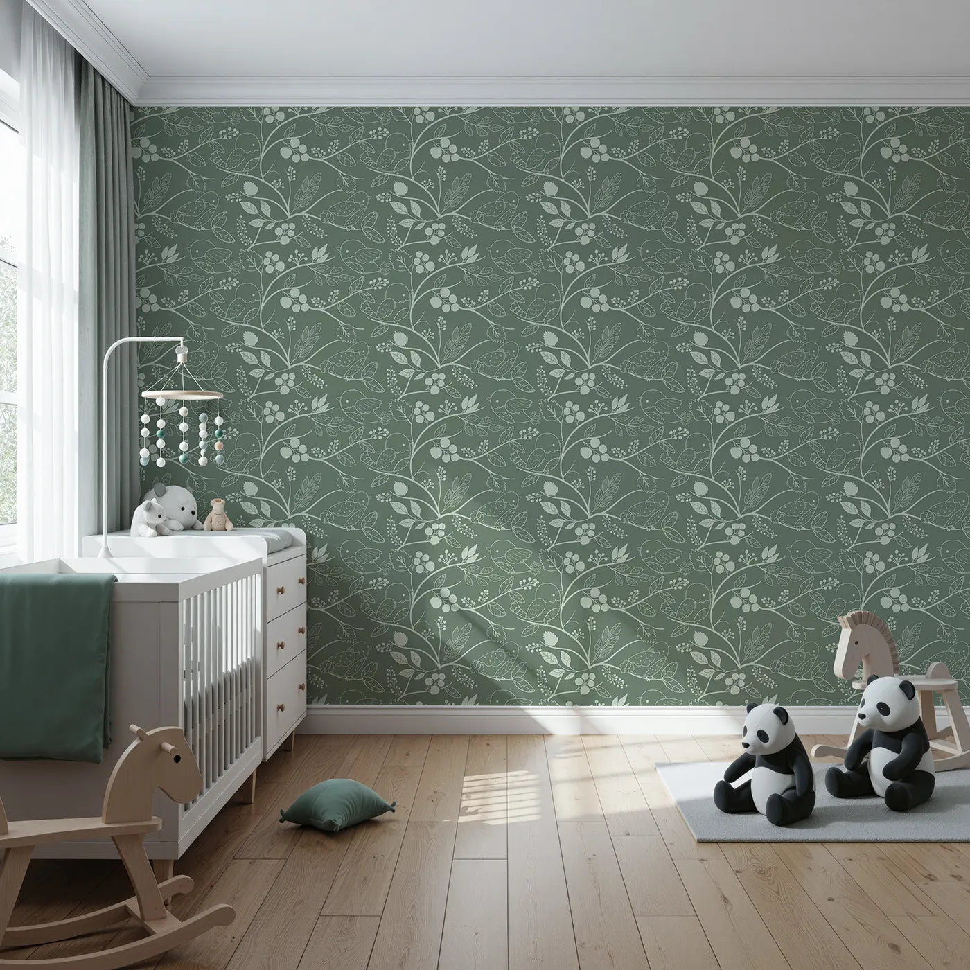 Front view of Whimsy Tots' Woodland Silhouette Birds Wallpaper in Green