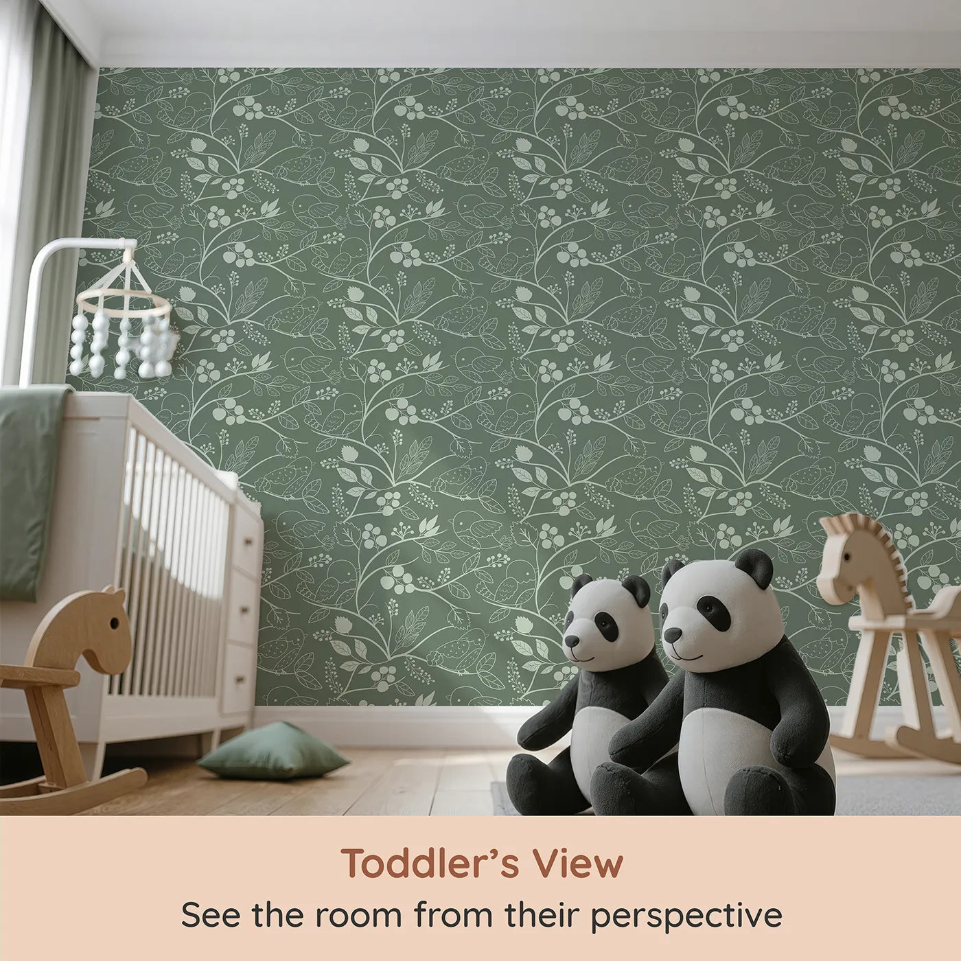 Whimsy Tots Woodland Silhouette Birds Wallpaper in Green (W3067C) from your child's view.Outlined birds and botanical vines wind softly across mossy green.