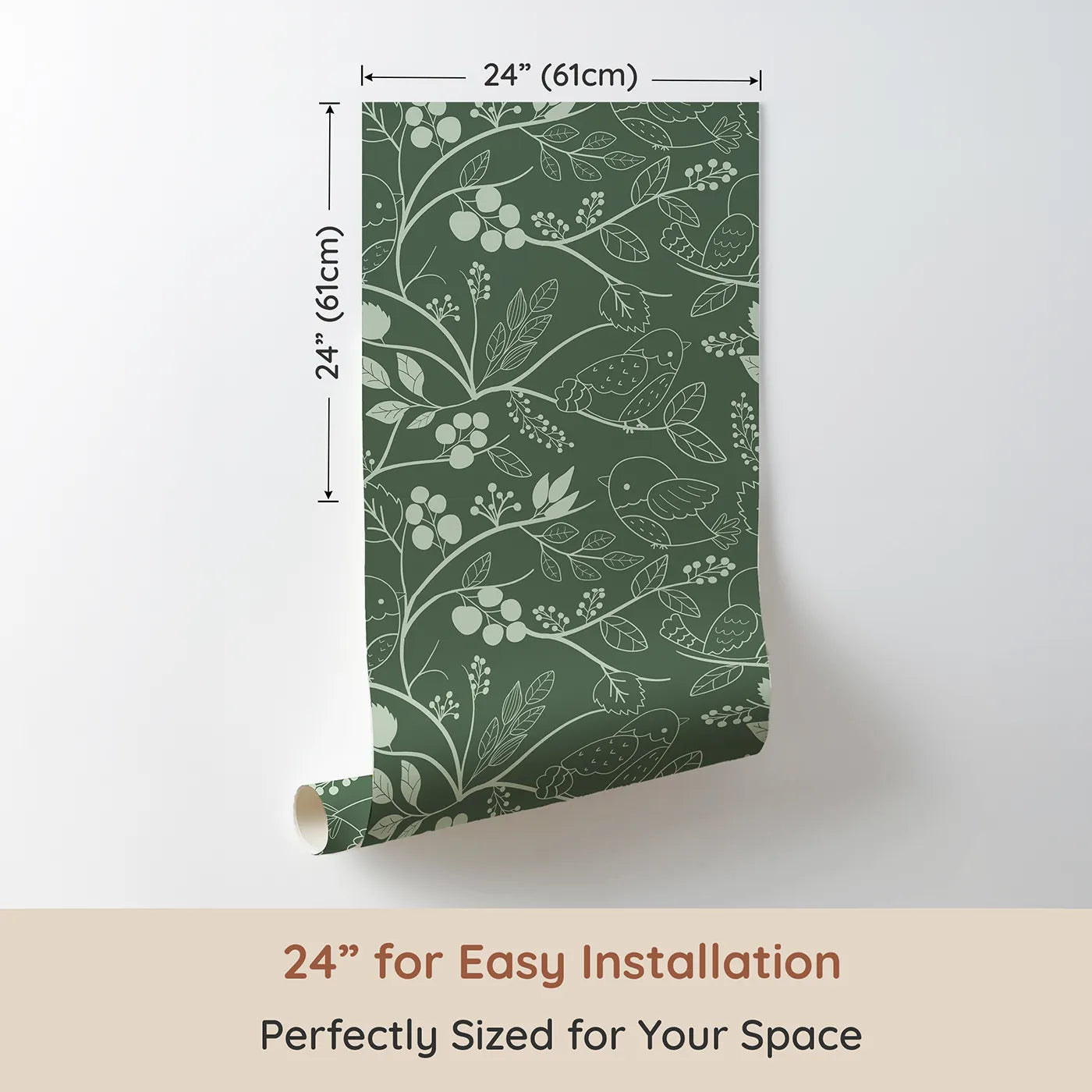Dimension view of Whimsy Tots Woodland Silhouette Birds Wallpaper in Green (W3067C). Printed in 24-inch-wide panel for easy installation. Outlined birds and botanical vines wind softly across mossy green.