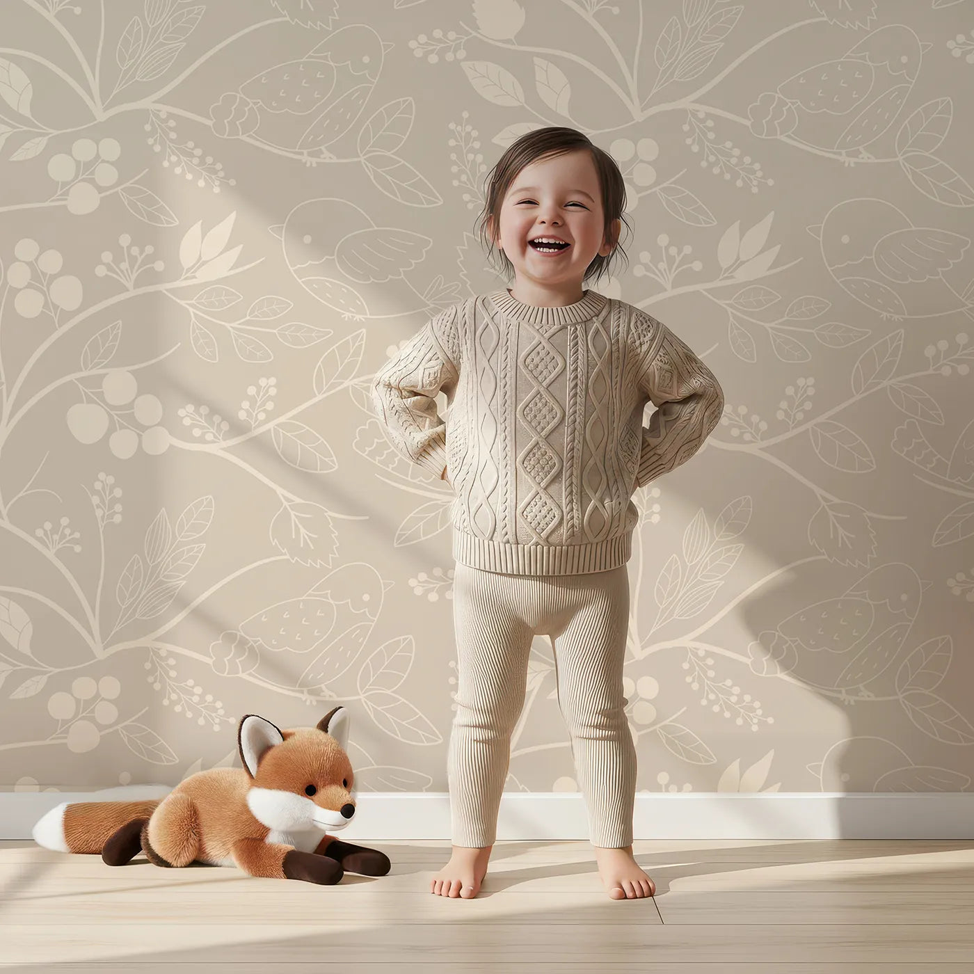 Lovely child standing in front of Whimsy Tots Woodland Silhouette Birds Wallpaper in Beige with bird, leaf, branch, berry in design.