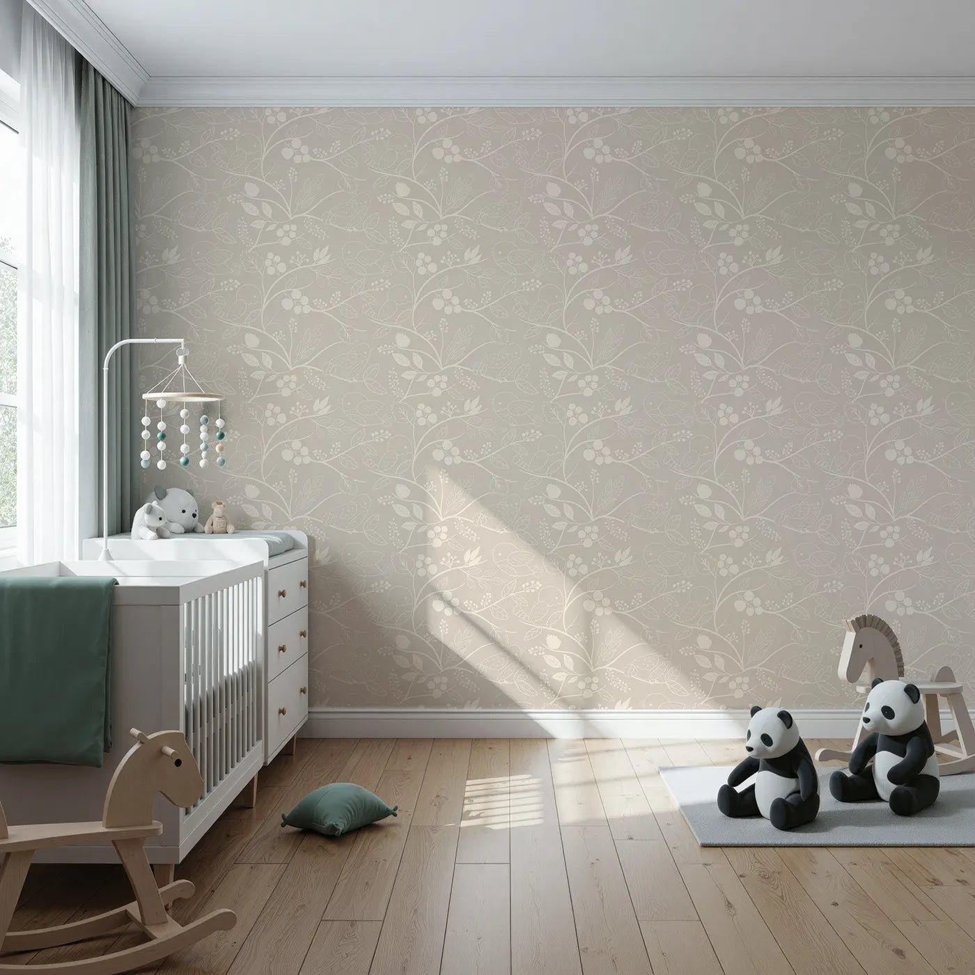 Front view of Whimsy Tots' Woodland Silhouette Birds Wallpaper in Beige