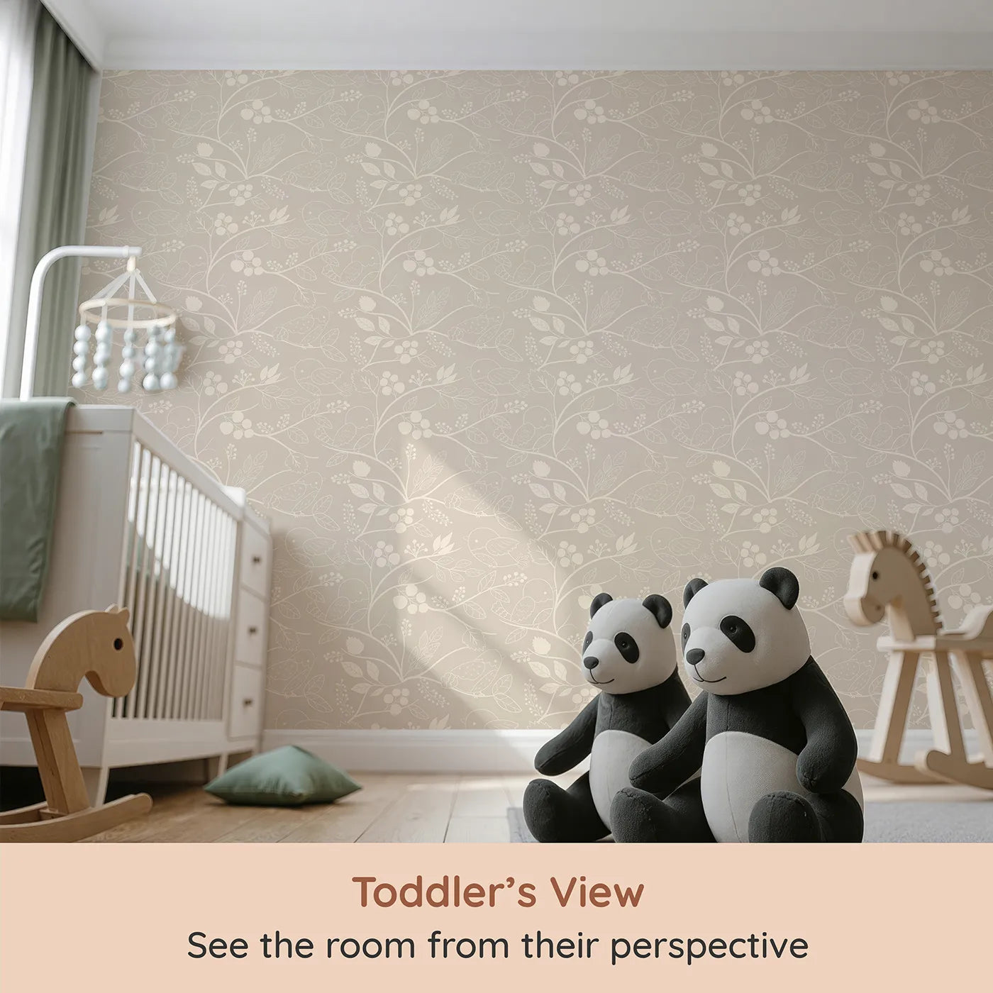 Whimsy Tots Woodland Silhouette Birds Wallpaper in Beige (W3067D) from your child's view.Outlined birds and branches glow softly on a warm beige field.