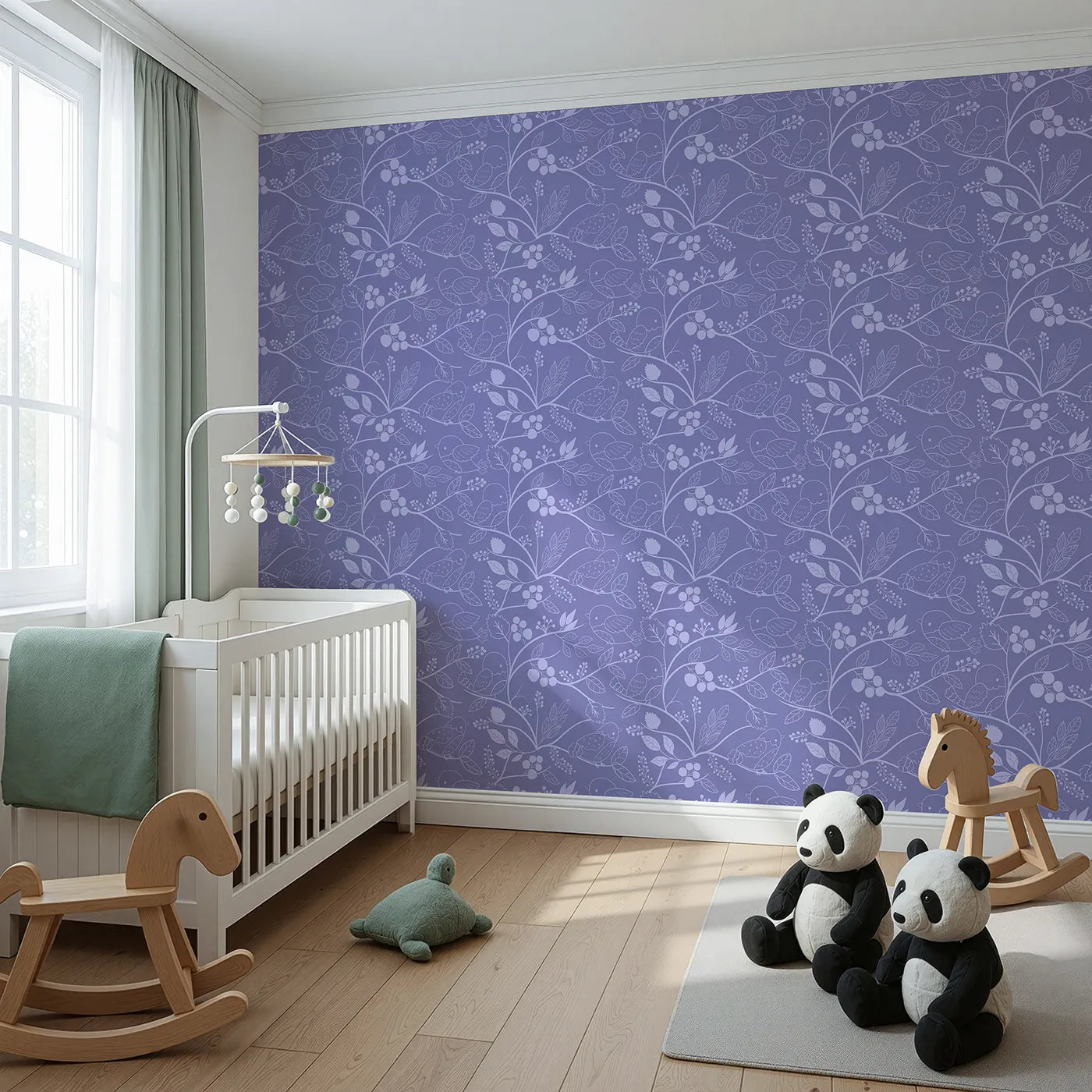 Angled view of Whimsy Tots' Woodland Silhouette Birds Wallpaper in Purple (W3067E).Birds and branches float softly across a dusky purple sky.