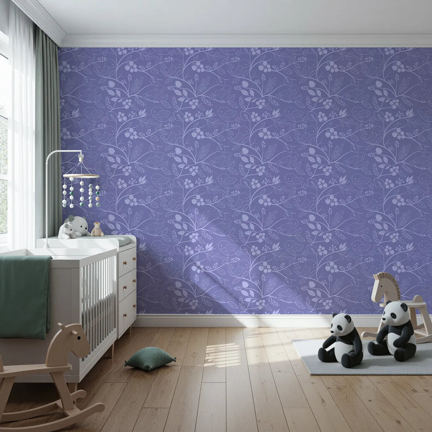 Front view of Whimsy Tots' Woodland Silhouette Birds Wallpaper in Purple