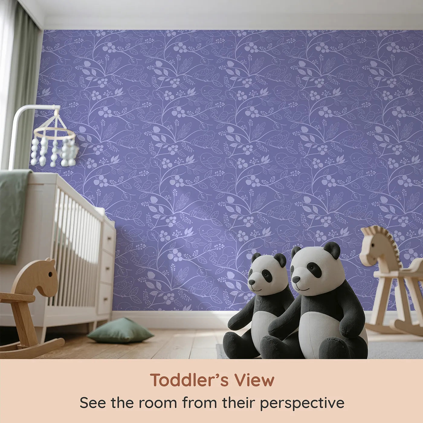 Whimsy Tots Woodland Silhouette Birds Wallpaper in Purple (W3067E) from your child's view.Birds and branches float softly across a dusky purple sky.