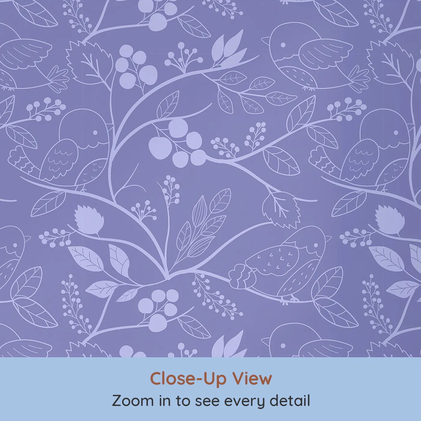 Close-up view of Whimsy Tots' Woodland Silhouette Birds Wallpaper in Purple (W3067E).Birds and branches float softly across a dusky purple sky.