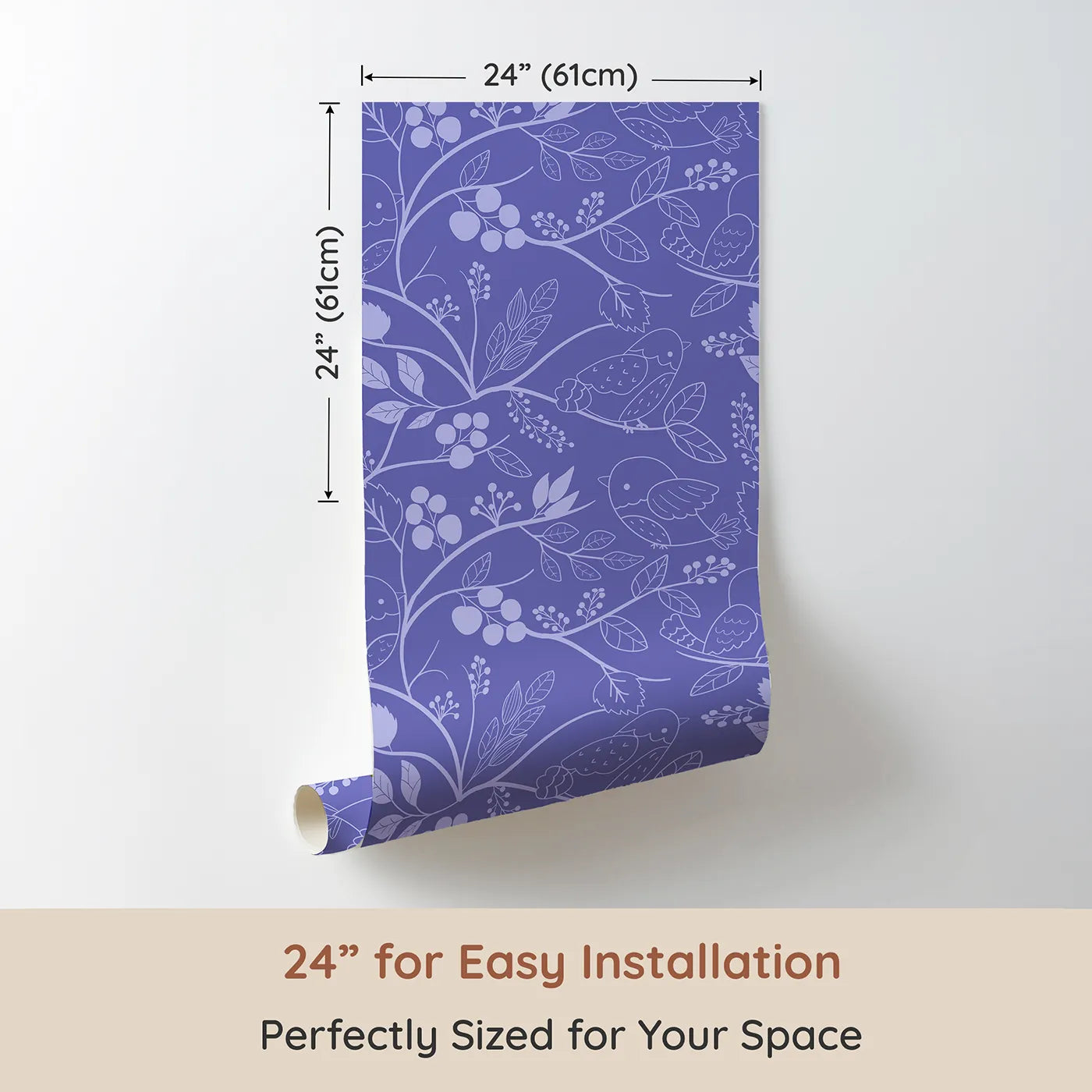 Dimension view of Whimsy Tots Woodland Silhouette Birds Wallpaper in Purple (W3067E). Printed in 24-inch-wide panel for easy installation. Birds and branches float softly across a dusky purple sky.