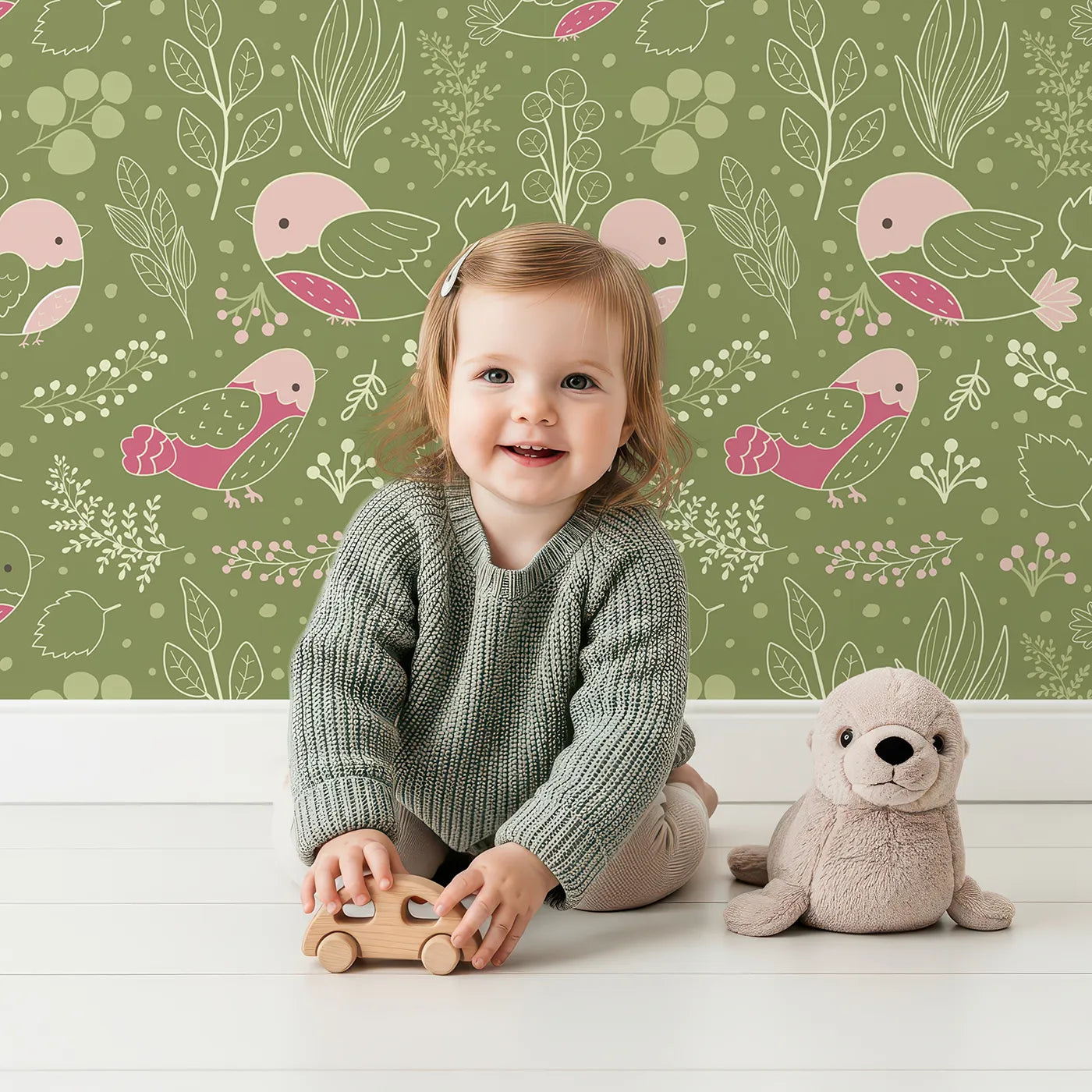 Lovely child standing in front of Whimsy Tots Woodland Garden Birds Wallpaper in Green with bird, leaf, berry, branch in design.