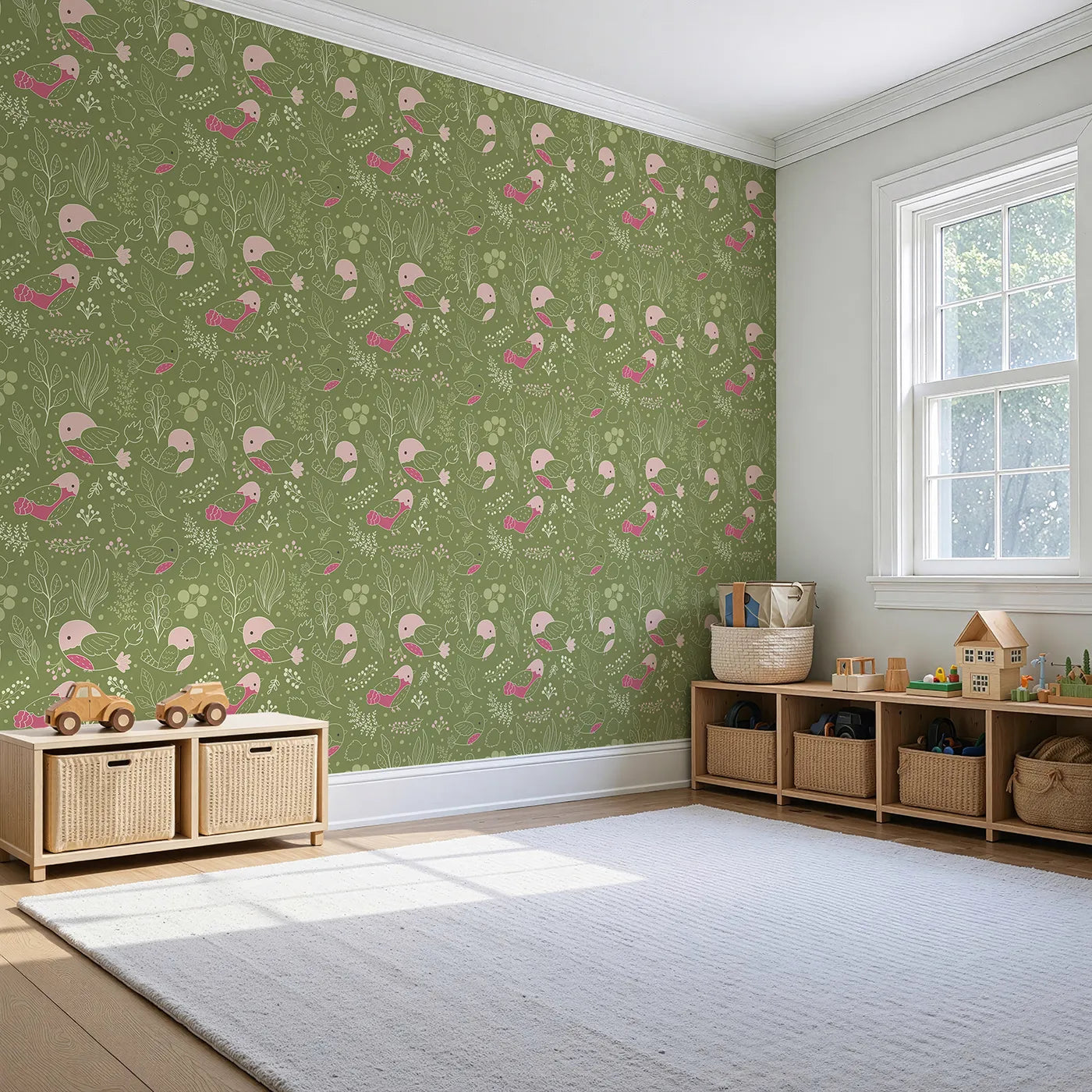 Angled view of Whimsy Tots' Woodland Garden Birds Wallpaper in Green (W3068).Gentle birds and line-drawn leaves flutter over a mossy green canvas.
