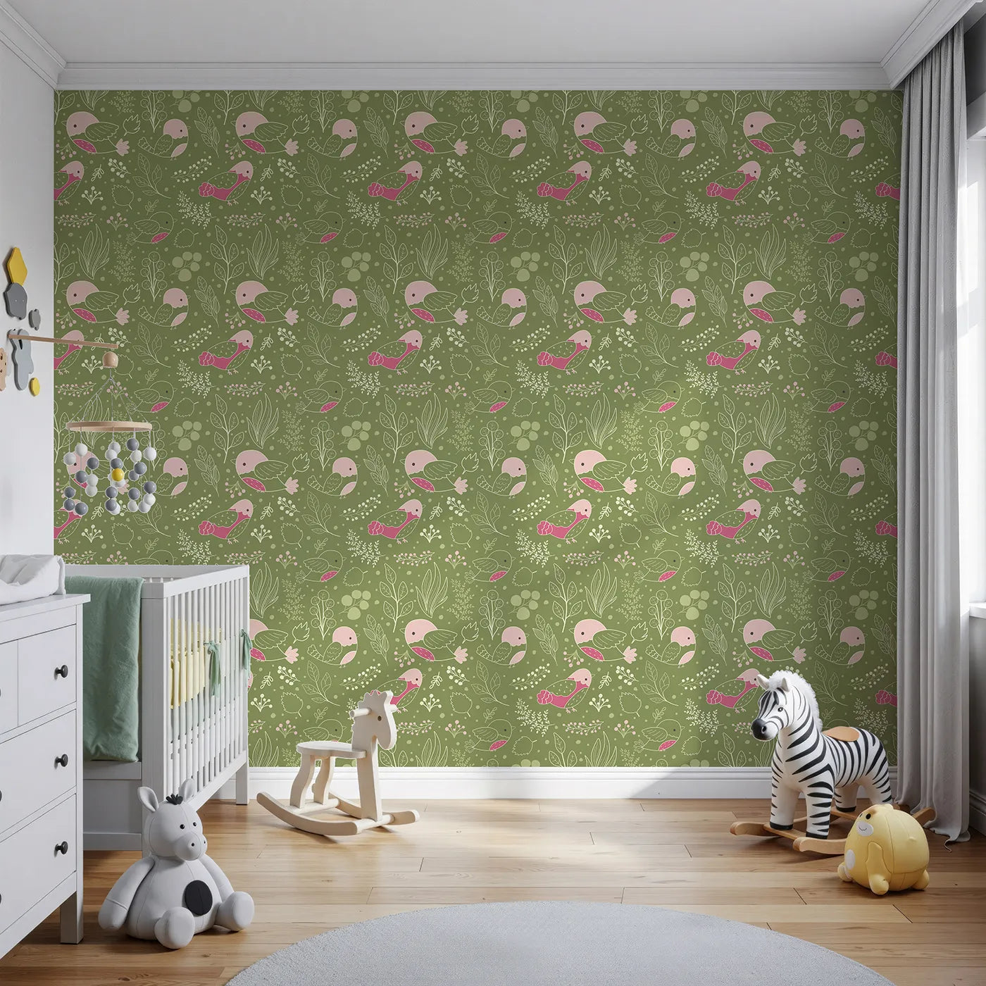 Front view of Whimsy Tots' Woodland Garden Birds Wallpaper in Green