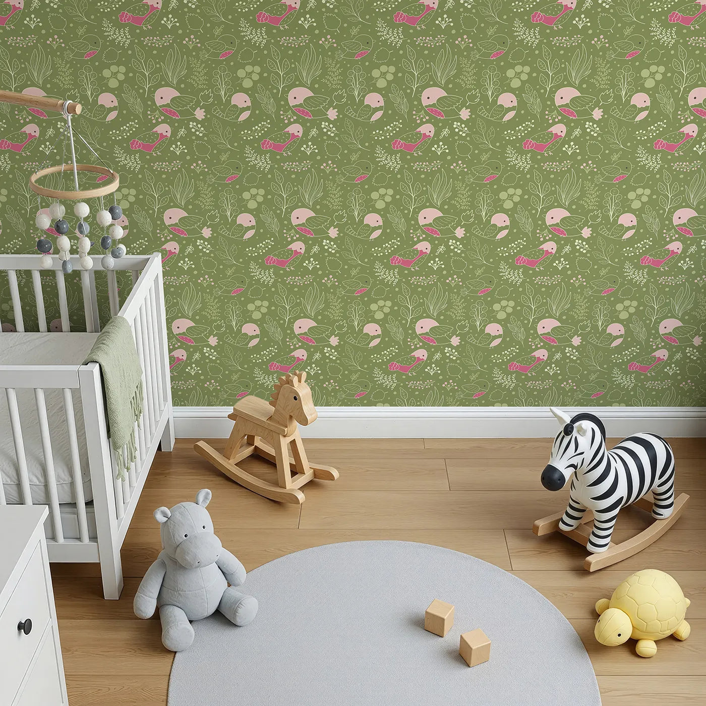 Top-Down view of Whimsy Tots' Woodland Garden Birds Wallpaper in Green (W3068).Gentle birds and line-drawn leaves flutter over a mossy green canvas.
