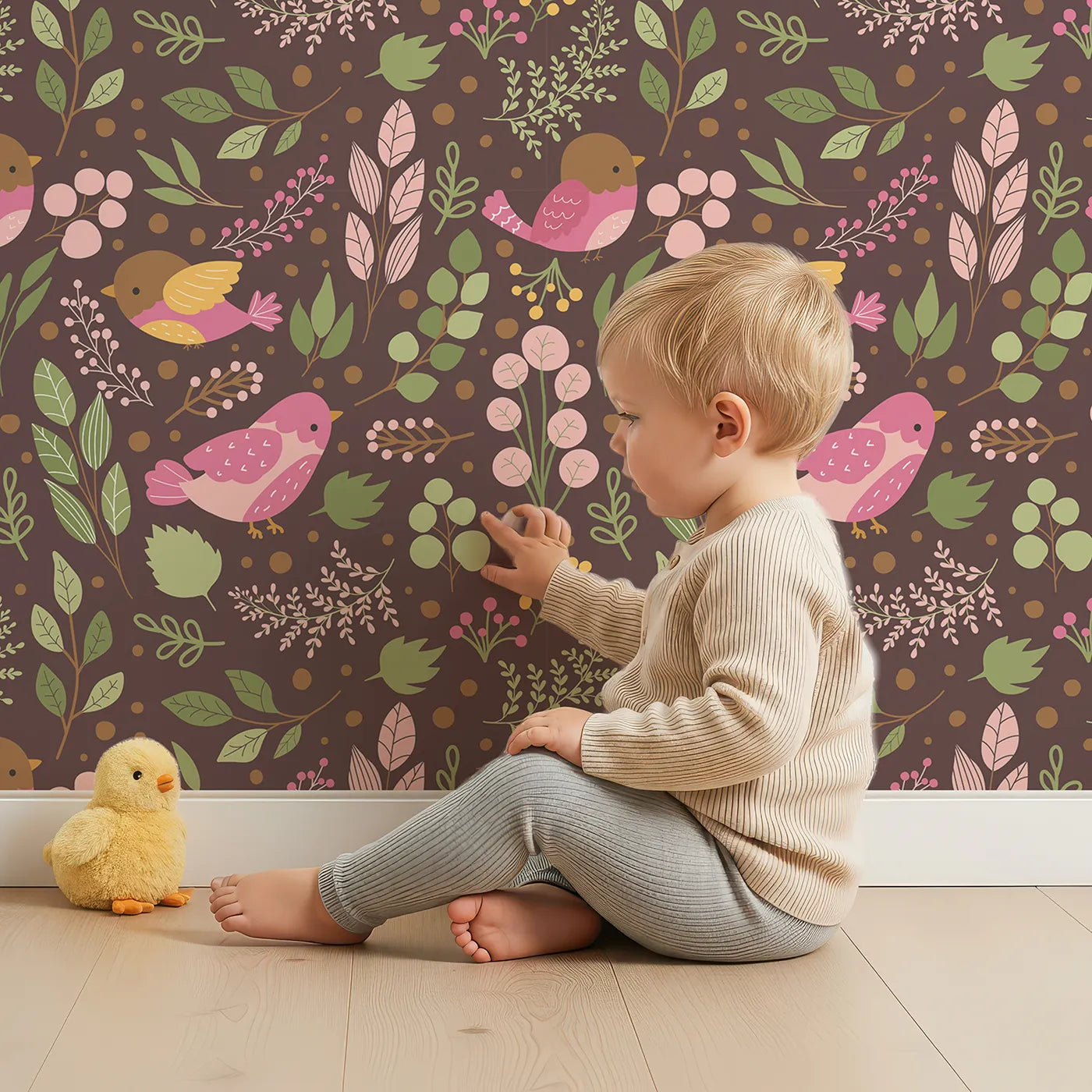 Lovely child standing in front of Whimsy Tots Bramble Songbird Garden Wallpaper in Cocoa Brown with bird, leaf, berry, flower, twig in design.