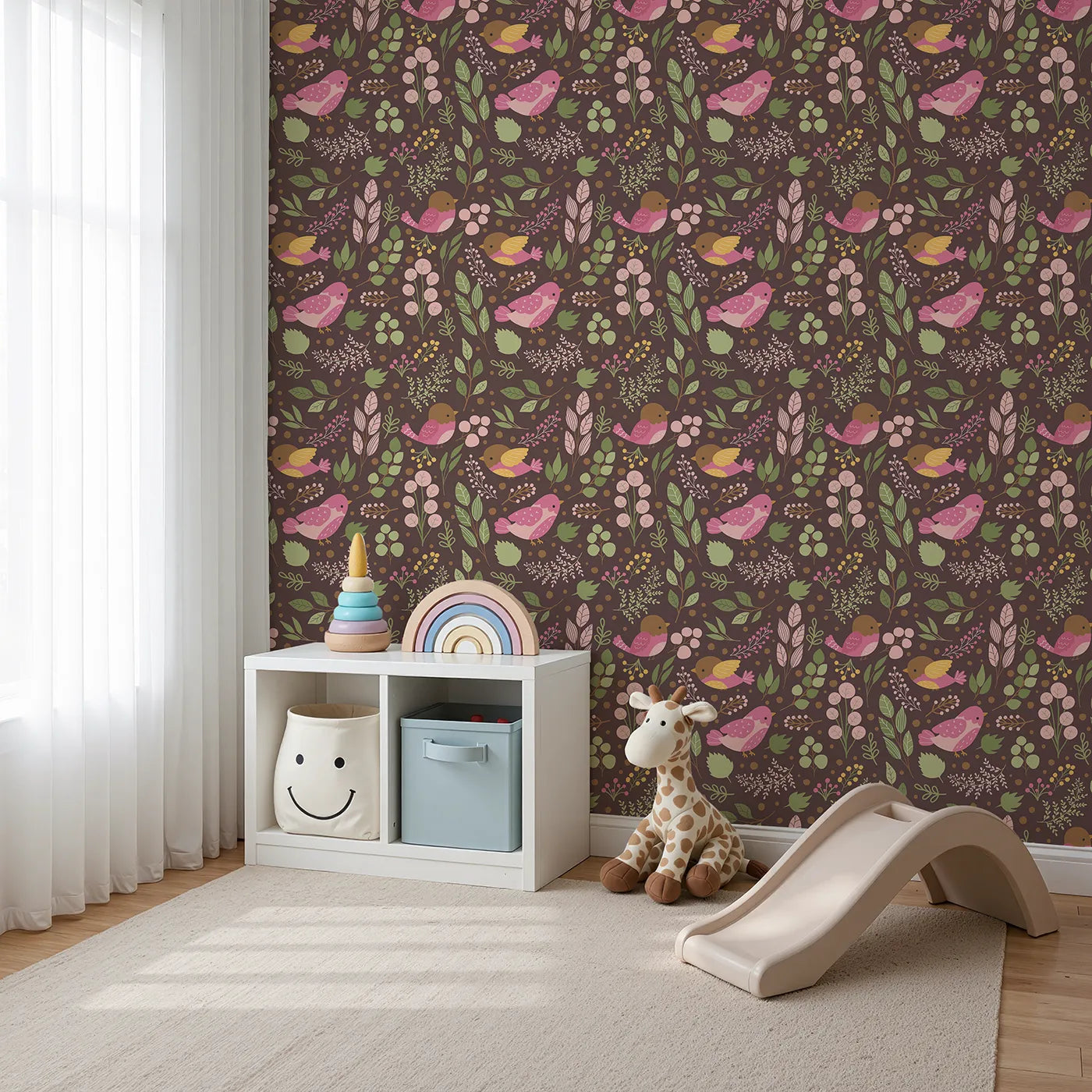 Angled view of Whimsy Tots' Bramble Songbird Garden Wallpaper in Cocoa Brown (W3069A).Pink songbirds flutter among leaves and berries.