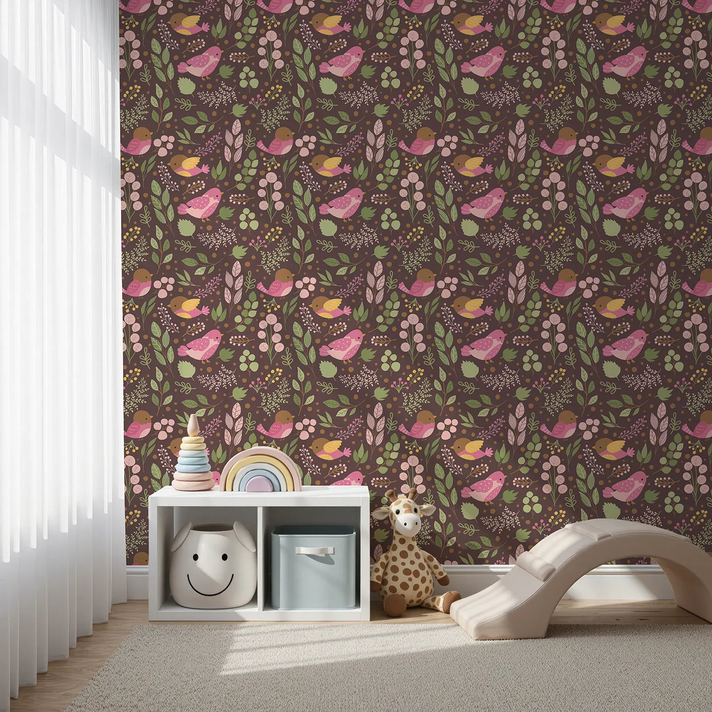 Front view of Whimsy Tots' Bramble Songbird Garden Wallpaper in Cocoa Brown