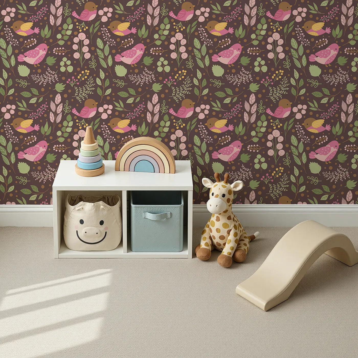 Top-Down view of Whimsy Tots' Bramble Songbird Garden Wallpaper in Cocoa Brown (W3069A).Pink songbirds flutter among leaves and berries.