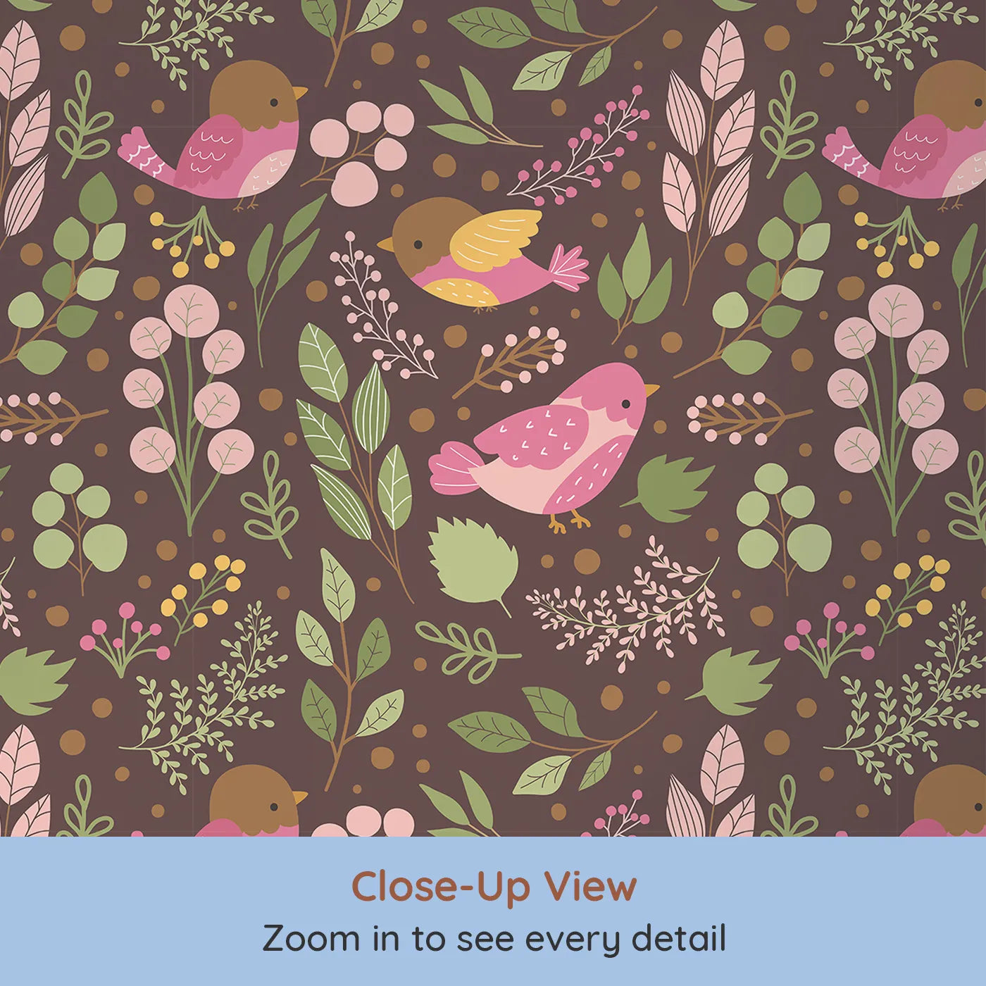 Close-up view of Whimsy Tots' Bramble Songbird Garden Wallpaper in Cocoa Brown (W3069A).Pink songbirds flutter among leaves and berries.