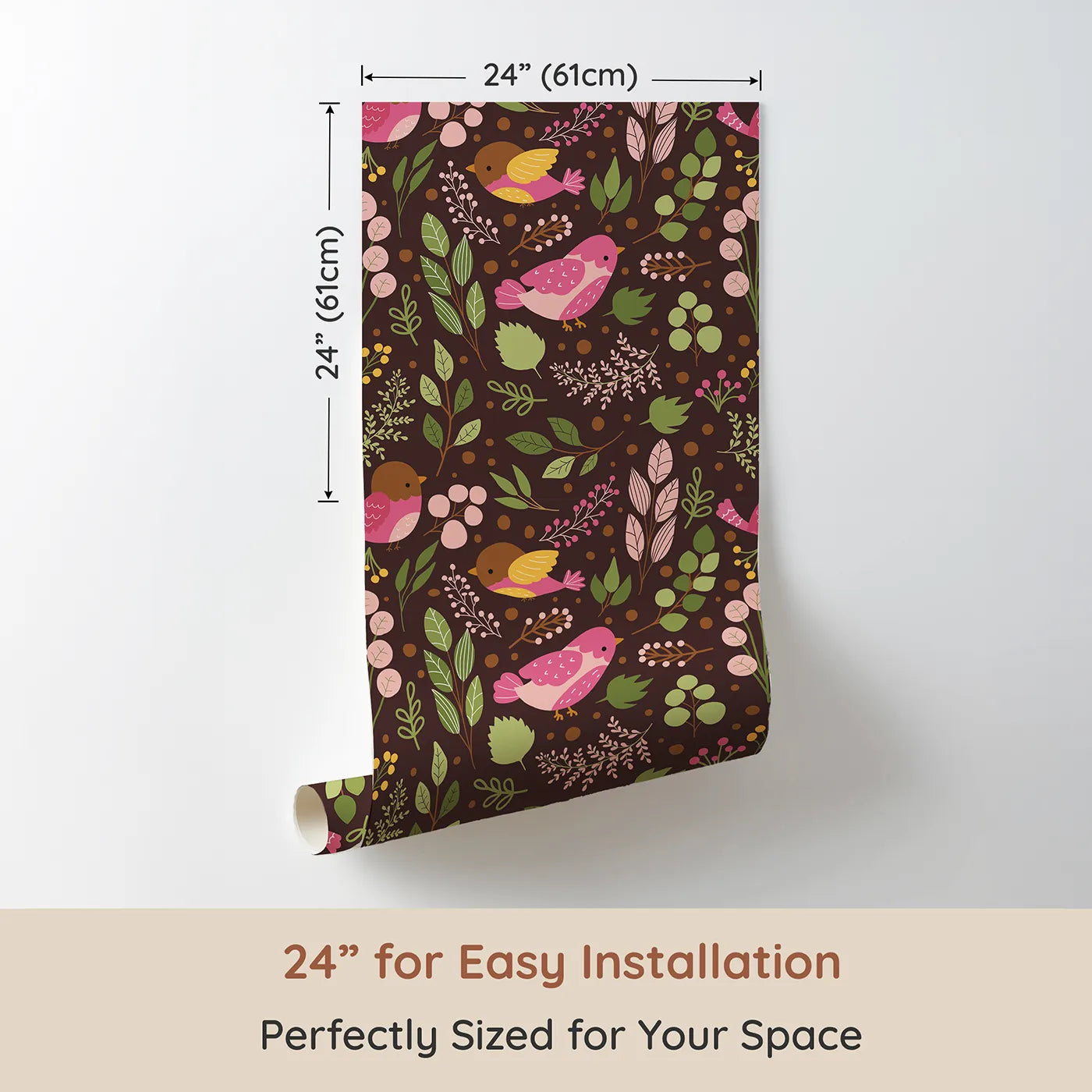 Dimension view of Whimsy Tots Bramble Songbird Garden Wallpaper in Cocoa Brown (W3069A). Printed in 24-inch-wide panel for easy installation. Pink songbirds flutter among leaves and berries.