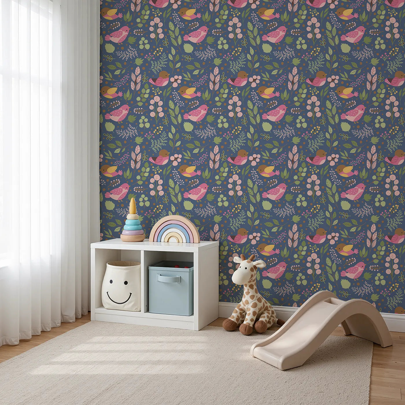 Angled view of Whimsy Tots' Bramble Songbird Garden Wallpaper in Navy Blue (W3069B).Pink songbirds flutter among leaves and berries.