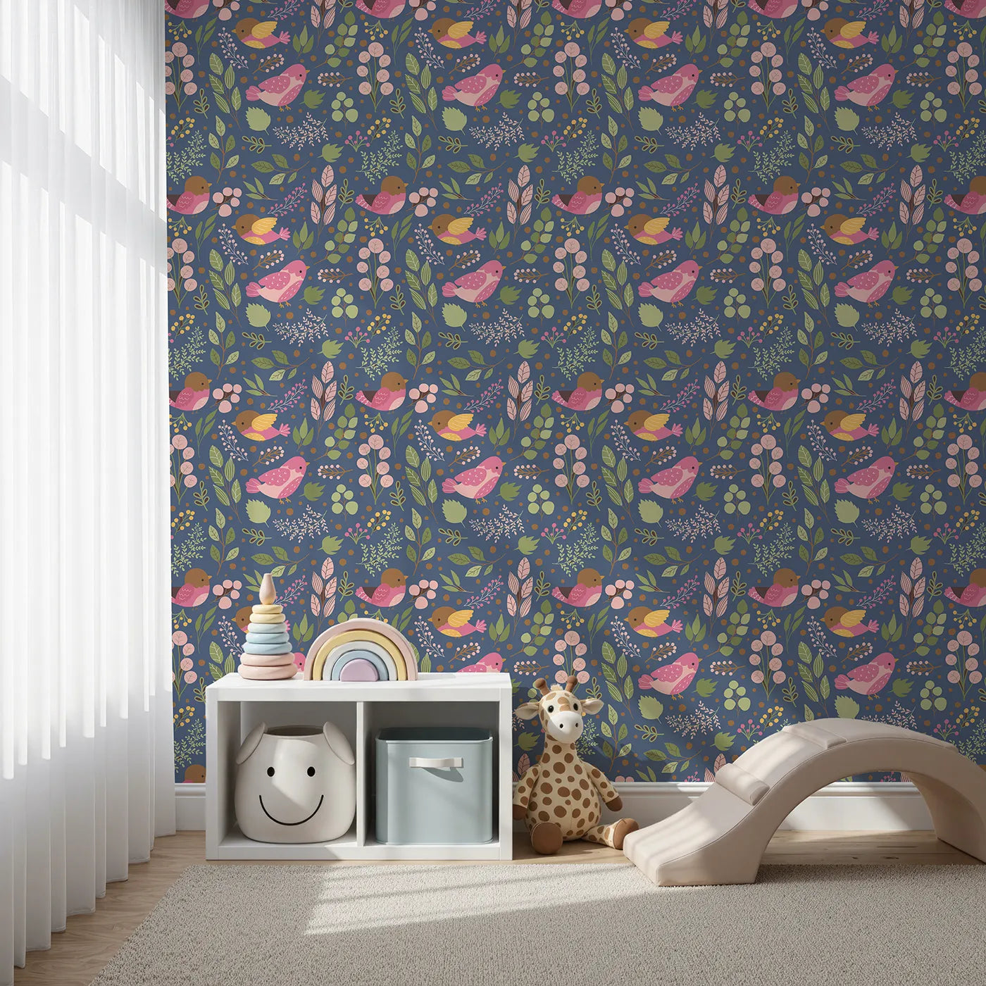Front view of Whimsy Tots' Bramble Songbird Garden Wallpaper in Navy Blue