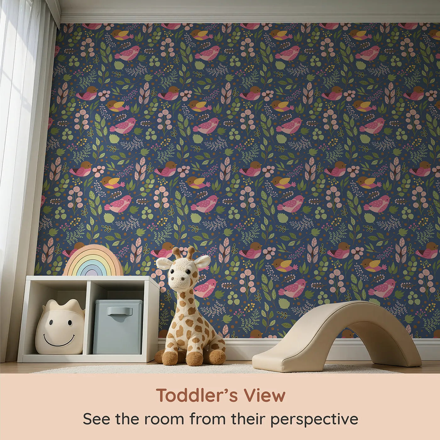 Whimsy Tots Bramble Songbird Garden Wallpaper in Navy Blue (W3069B) from your child's view.Pink songbirds flutter among leaves and berries.