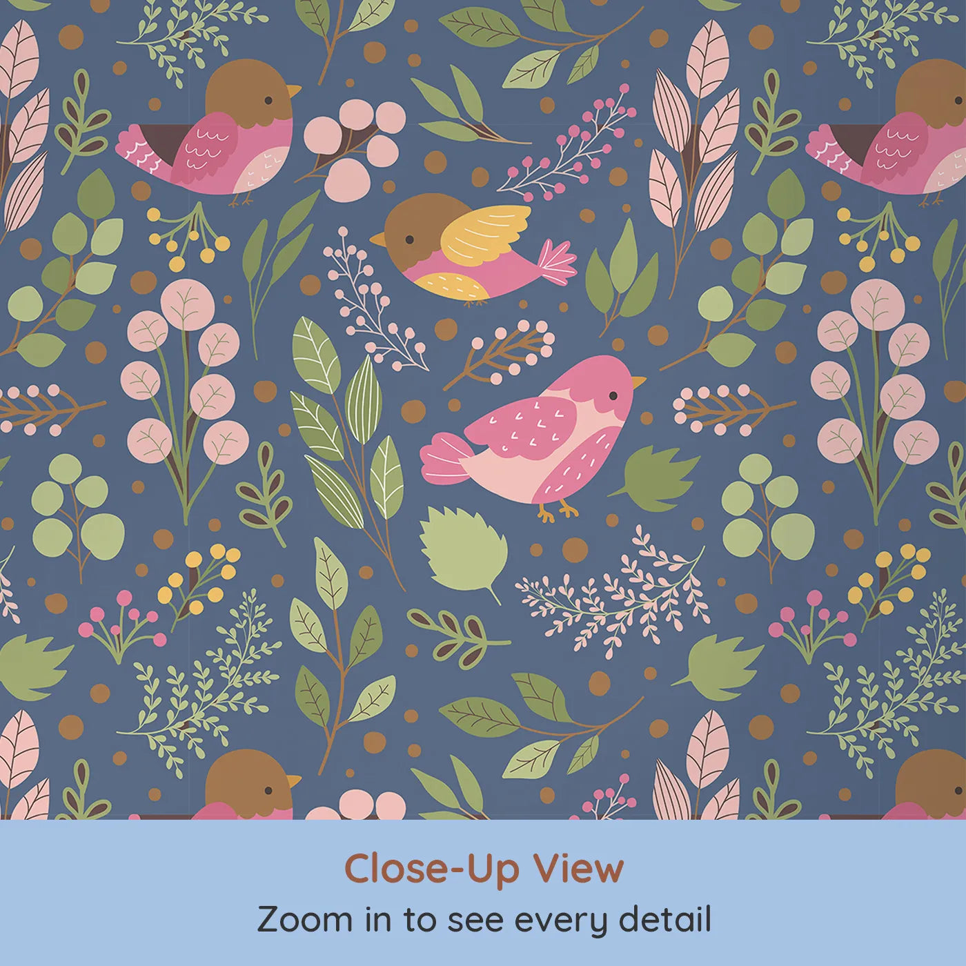 Close-up view of Whimsy Tots' Bramble Songbird Garden Wallpaper in Navy Blue (W3069B).Pink songbirds flutter among leaves and berries.