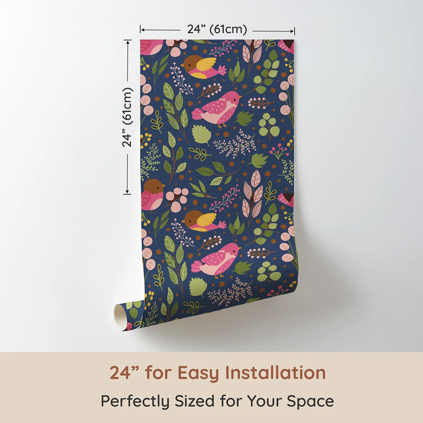 Dimension view of Whimsy Tots Bramble Songbird Garden Wallpaper in Navy Blue (W3069B). Printed in 24-inch-wide panel for easy installation. Pink songbirds flutter among leaves and berries.