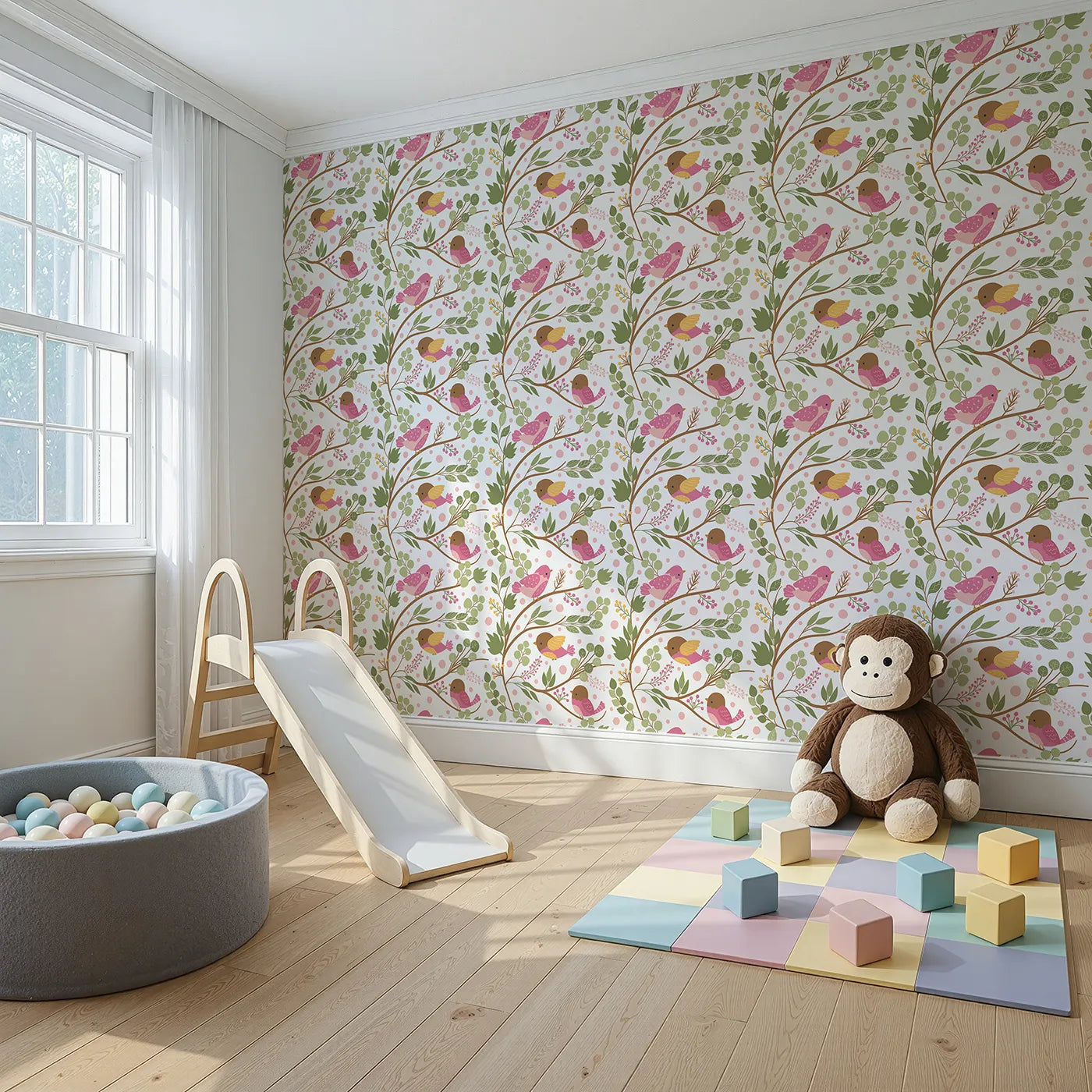 Angled view of Whimsy Tots' Blossom Branch Birds Wallpaper in White (W3070A).Songbirds flutter along leafy branches filled with berries and pink blossoms.