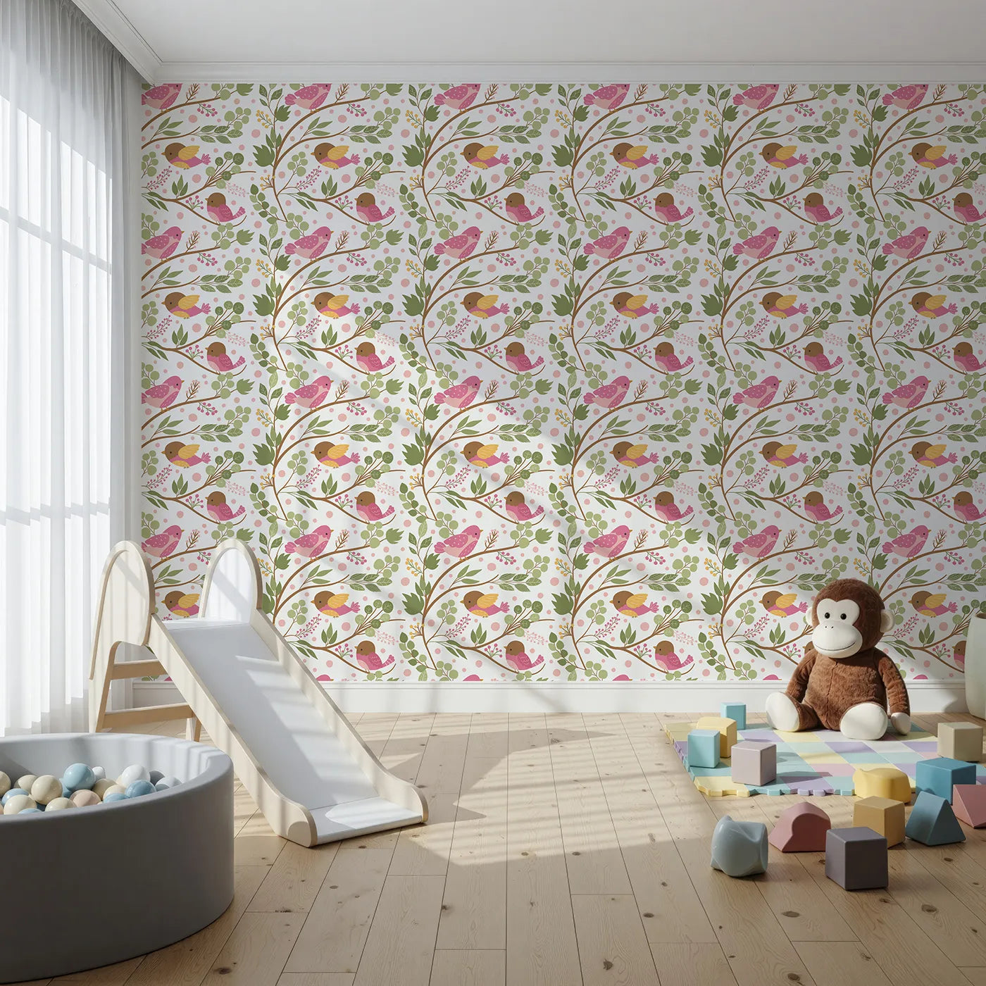 Front view of Whimsy Tots' Blossom Branch Birds Wallpaper in White