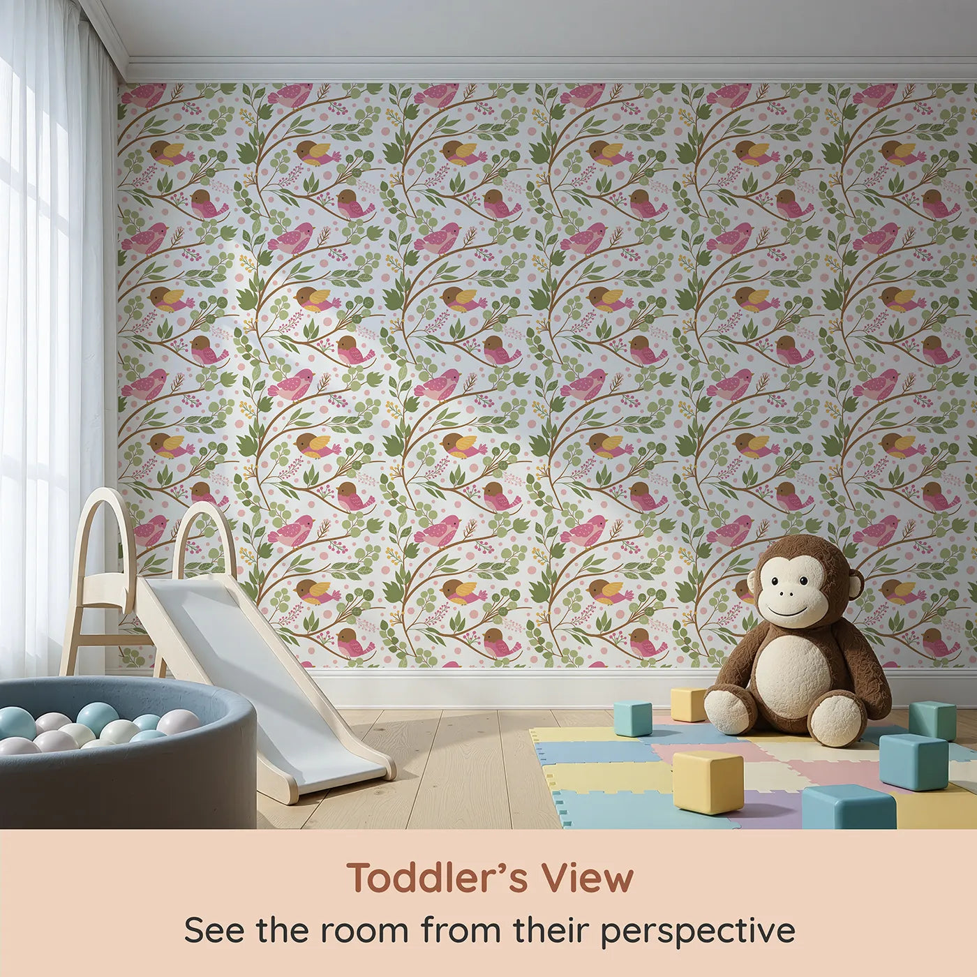 Whimsy Tots Blossom Branch Birds Wallpaper in White (W3070A) from your child's view.Songbirds flutter along leafy branches filled with berries and pink blossoms.