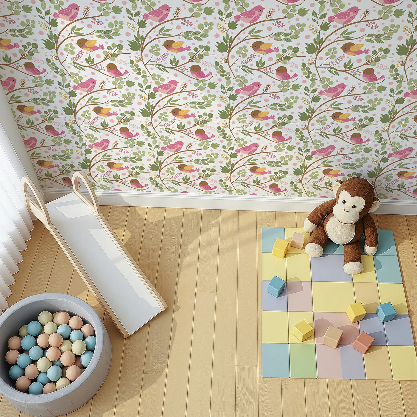 Top-Down view of Whimsy Tots' Blossom Branch Birds Wallpaper in White (W3070A).Songbirds flutter along leafy branches filled with berries and pink blossoms.