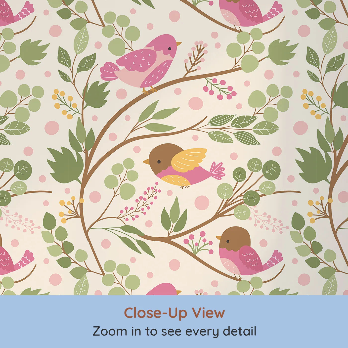 Close-up view of Whimsy Tots' Blossom Branch Birds Wallpaper in Cream (W3070B).Chirpy birds and leafy branches bloom across a soft cream sky.