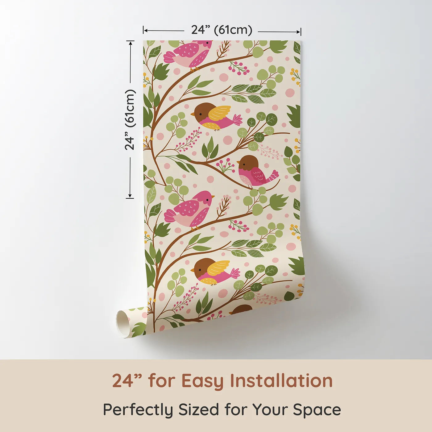 Dimension view of Whimsy Tots Blossom Branch Birds Wallpaper in Cream (W3070B). Printed in 24-inch-wide panel for easy installation. Chirpy birds and leafy branches bloom across a soft cream sky.