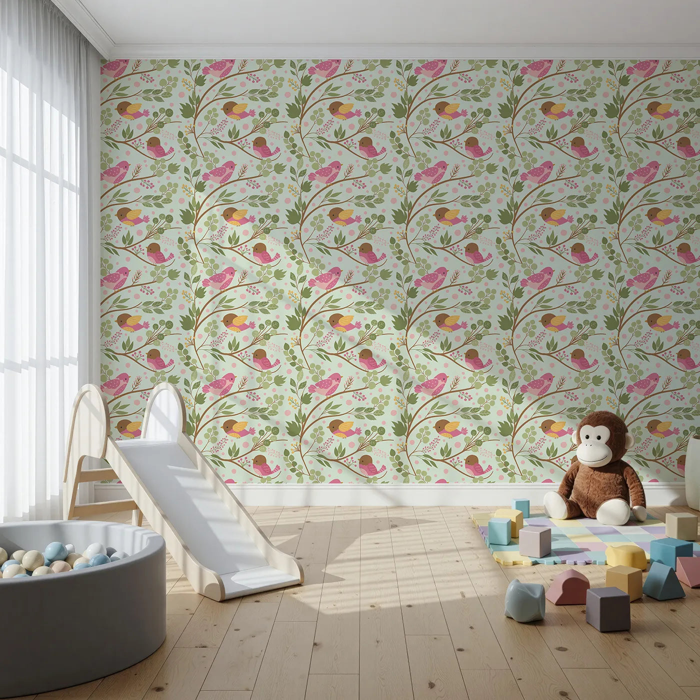 Front view of Whimsy Tots' Blossom Branch Birds Wallpaper in Mint Green