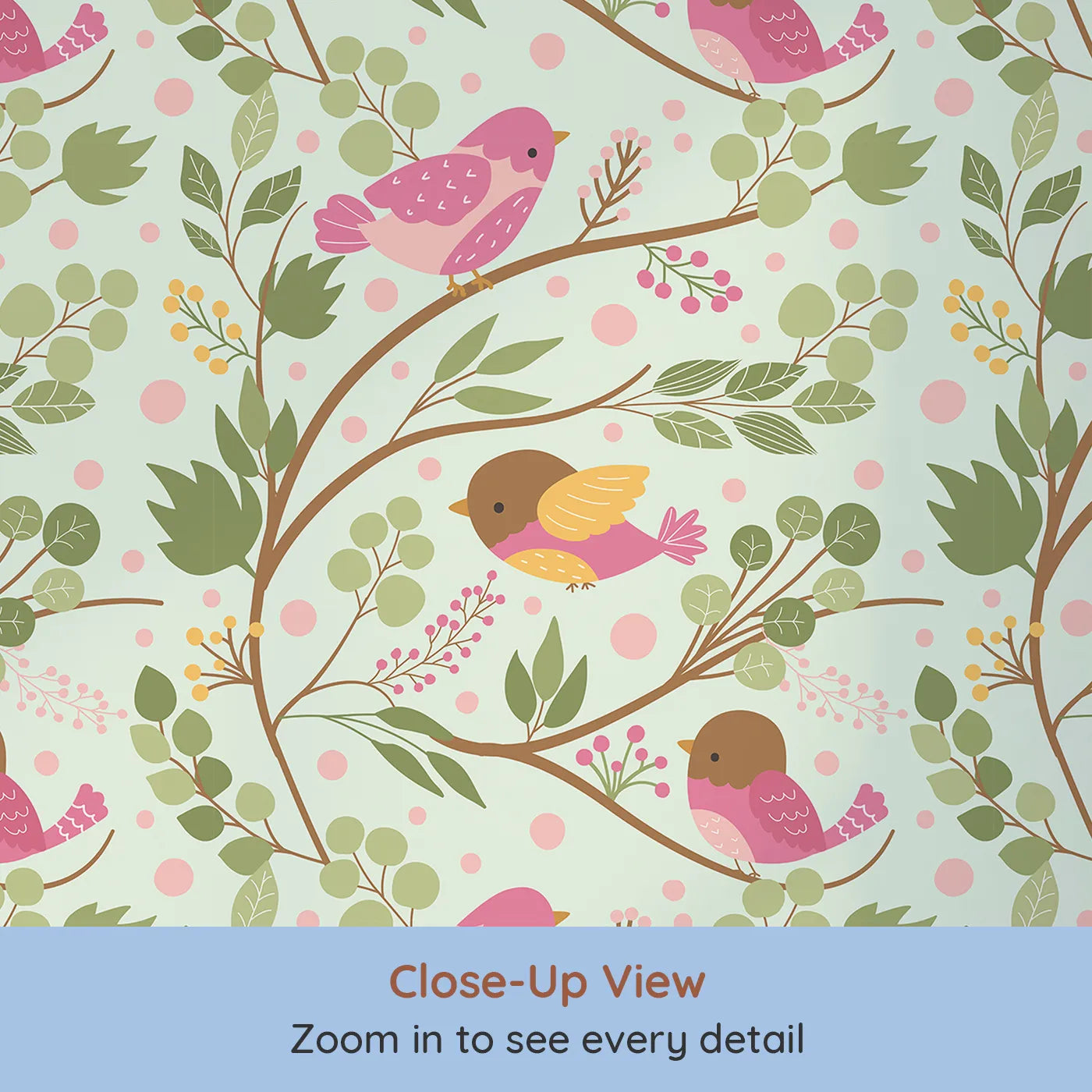 Close-up view of Whimsy Tots' Blossom Branch Birds Wallpaper in Mint Green (W3070C).Bright birds perch softly on leafy vines over fresh minty green.