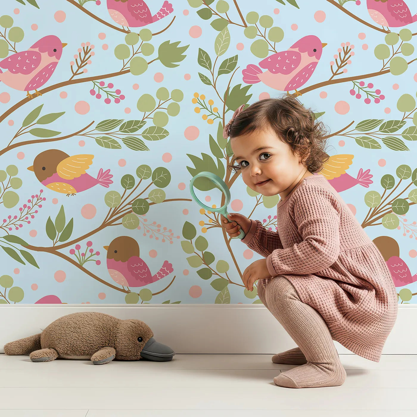 Lovely child standing in front of Whimsy Tots Blossom Branch Birds Wallpaper in Sky Blue with bird, branch, leaf, berry in design.