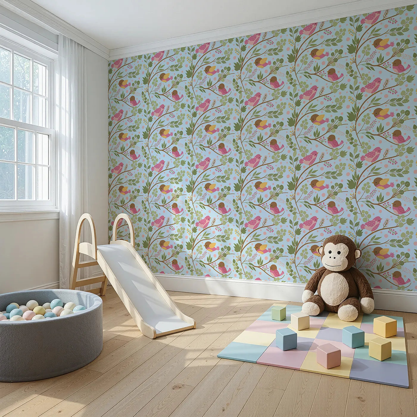 Angled view of Whimsy Tots' Blossom Branch Birds Wallpaper in Sky Blue (W3070D).Soft pink birds and leafy branches bloom over a clear sky blue field.