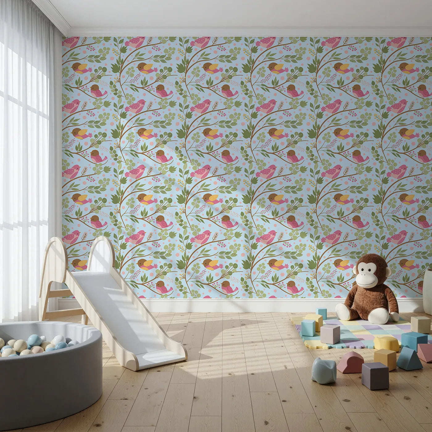 Front view of Whimsy Tots' Blossom Branch Birds Wallpaper in Sky Blue