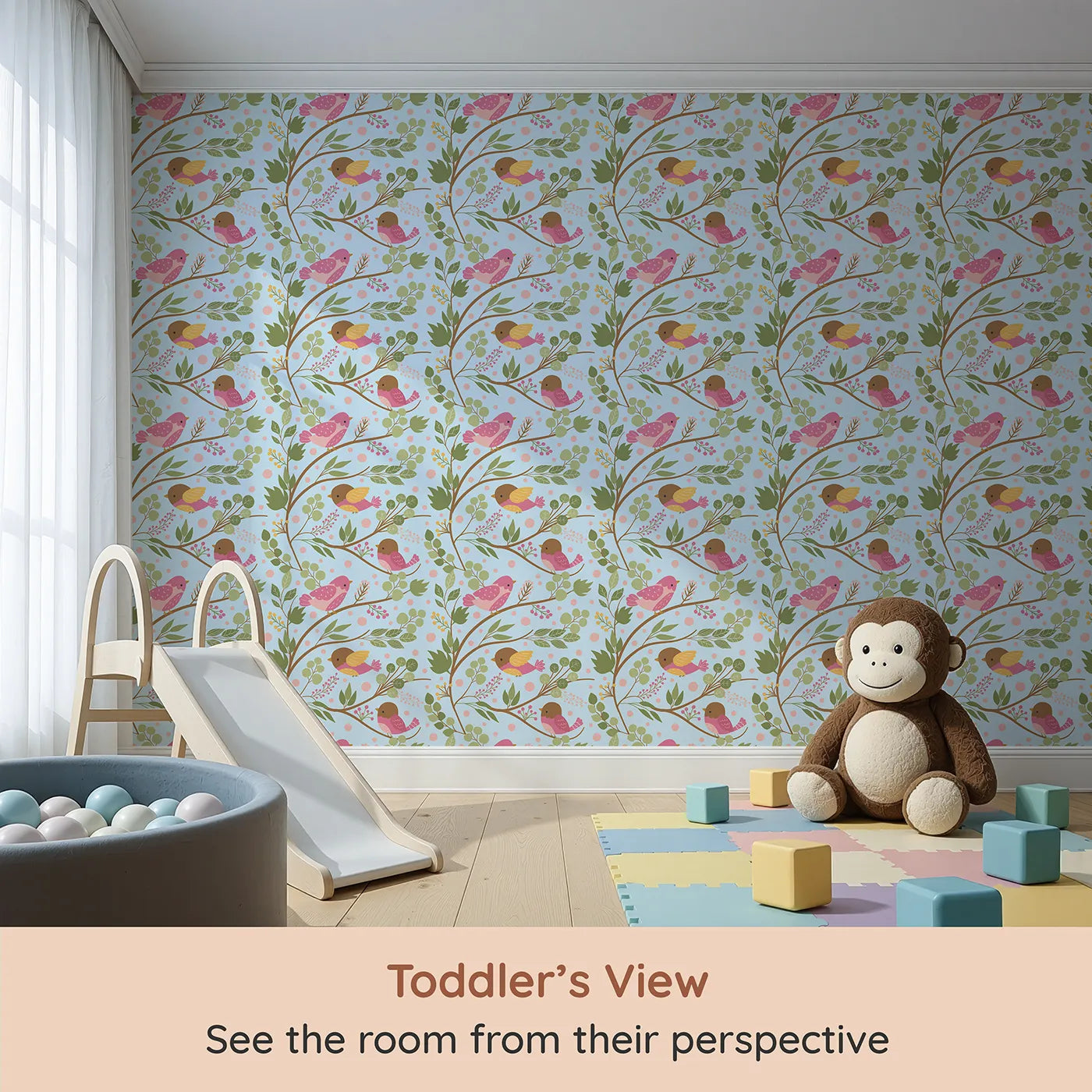 Whimsy Tots Blossom Branch Birds Wallpaper in Sky Blue (W3070D) from your child's view.Soft pink birds and leafy branches bloom over a clear sky blue field.