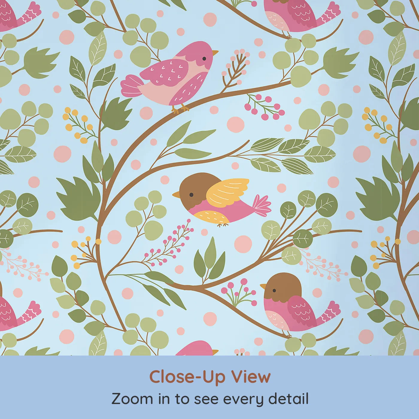 Close-up view of Whimsy Tots' Blossom Branch Birds Wallpaper in Sky Blue (W3070D).Soft pink birds and leafy branches bloom over a clear sky blue field.