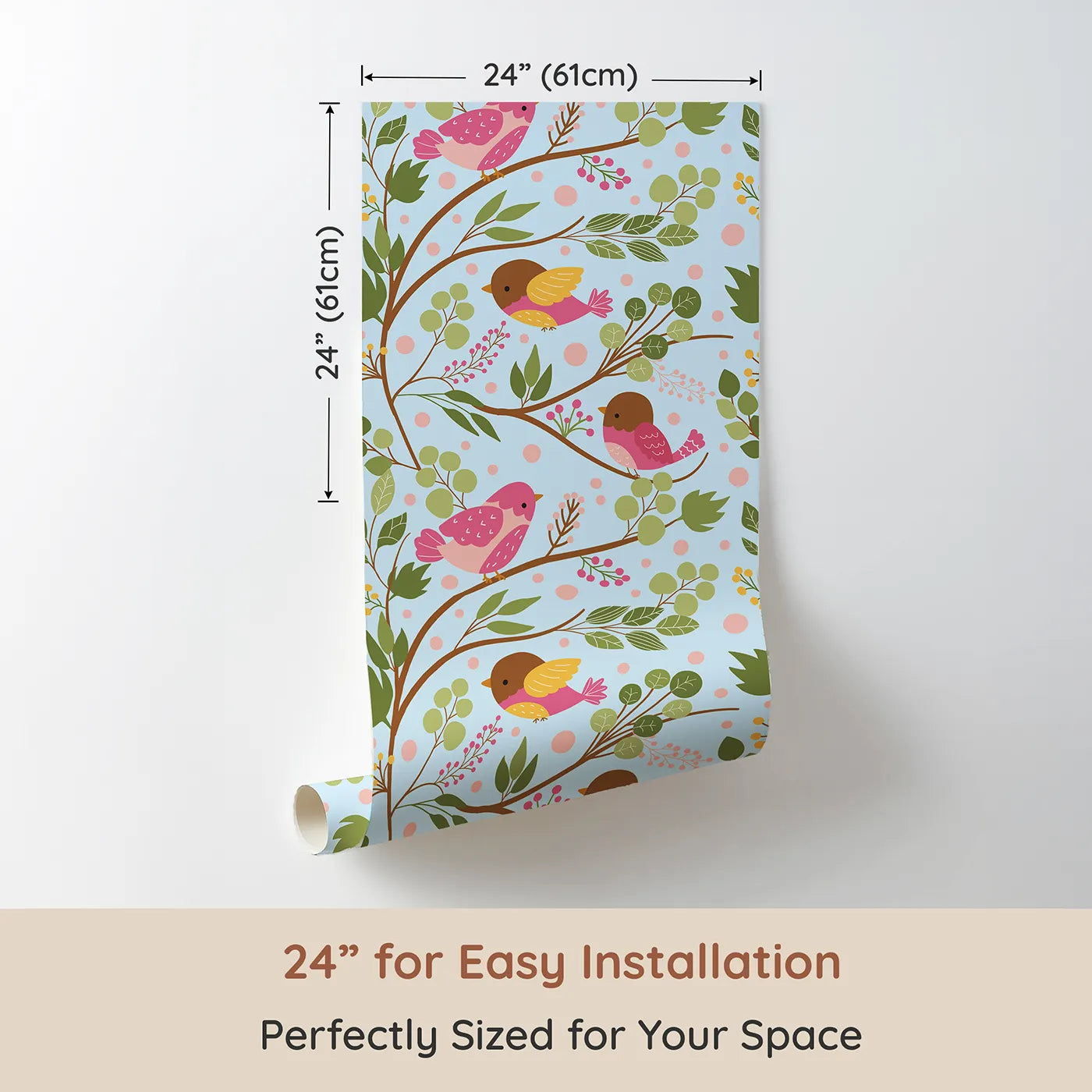 Dimension view of Whimsy Tots Blossom Branch Birds Wallpaper in Sky Blue (W3070D). Printed in 24-inch-wide panel for easy installation. Soft pink birds and leafy branches bloom over a clear sky blue field.