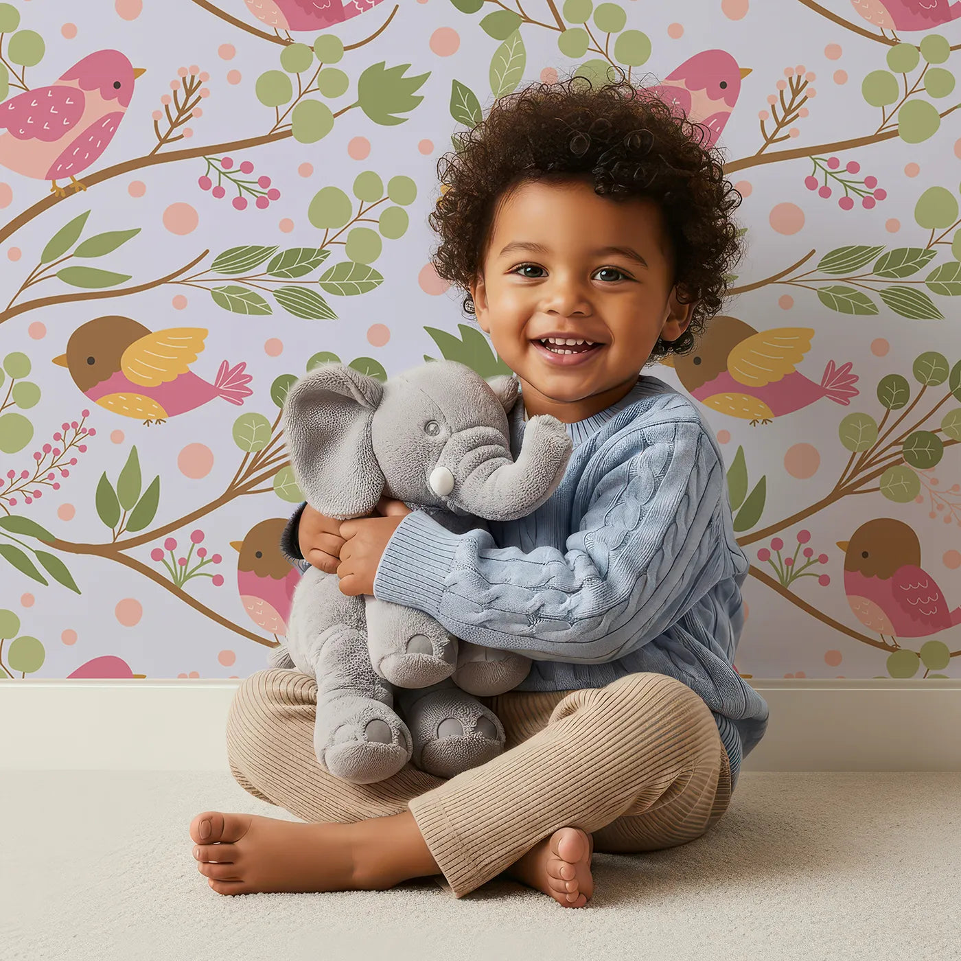 Lovely child standing in front of Whimsy Tots Blossom Branch Birds Wallpaper in Lavender with bird, berry, leaf, branch in design.