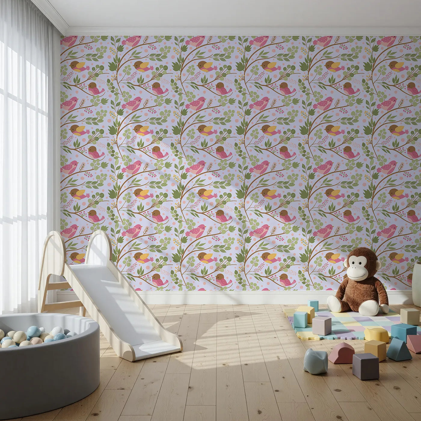 Front view of Whimsy Tots' Blossom Branch Birds Wallpaper in Lavender