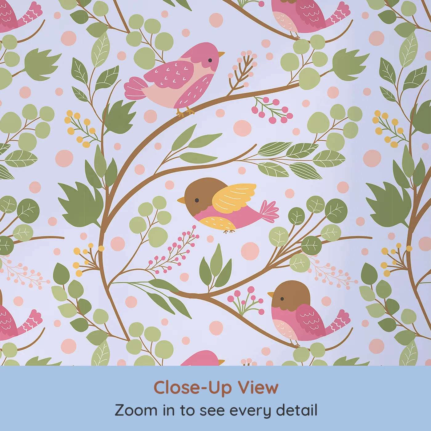 Close-up view of Whimsy Tots' Blossom Branch Birds Wallpaper in Lavender (W3070E).Soft wings and gentle berries float across a lavender sky.
