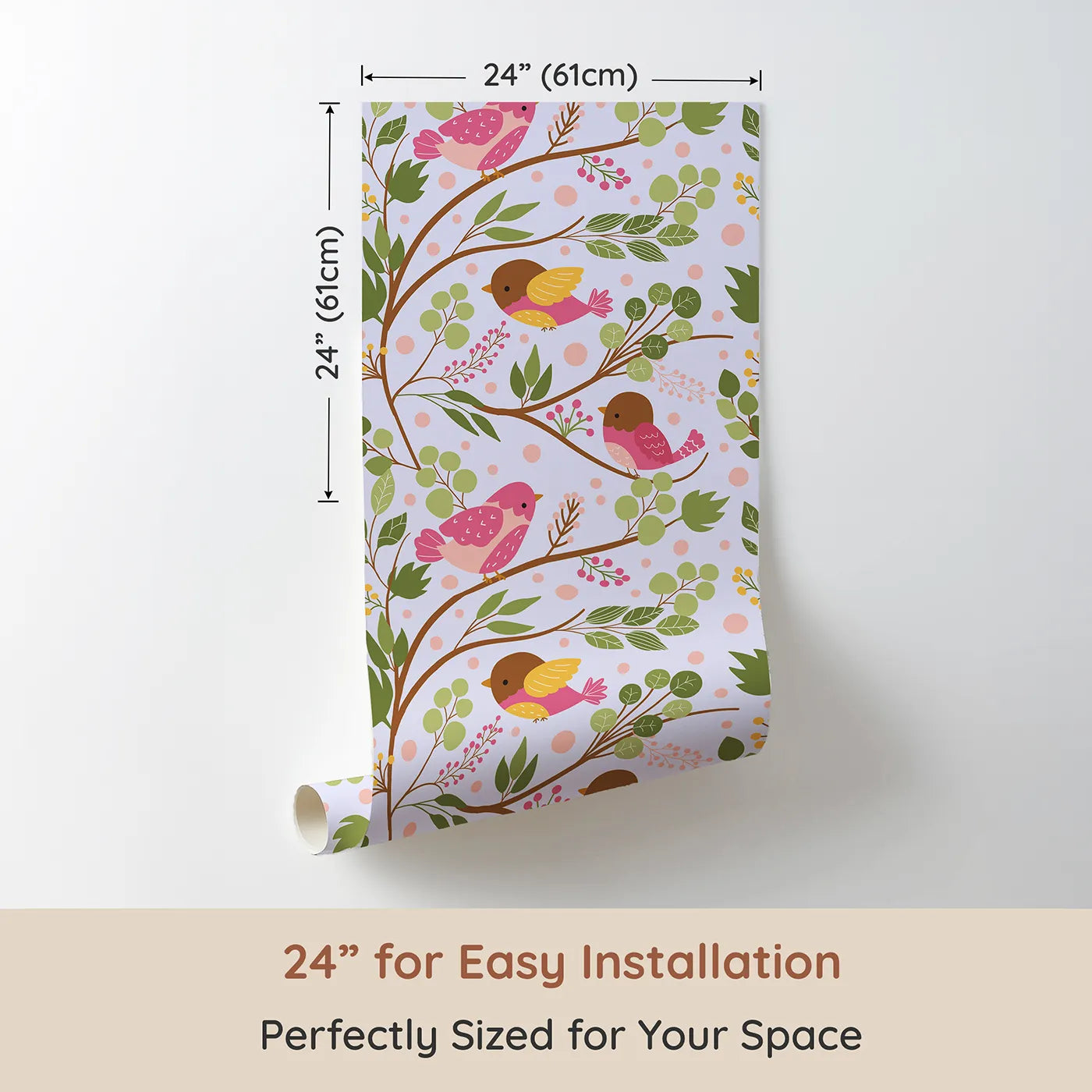 Dimension view of Whimsy Tots Blossom Branch Birds Wallpaper in Lavender (W3070E). Printed in 24-inch-wide panel for easy installation. Soft wings and gentle berries float across a lavender sky.