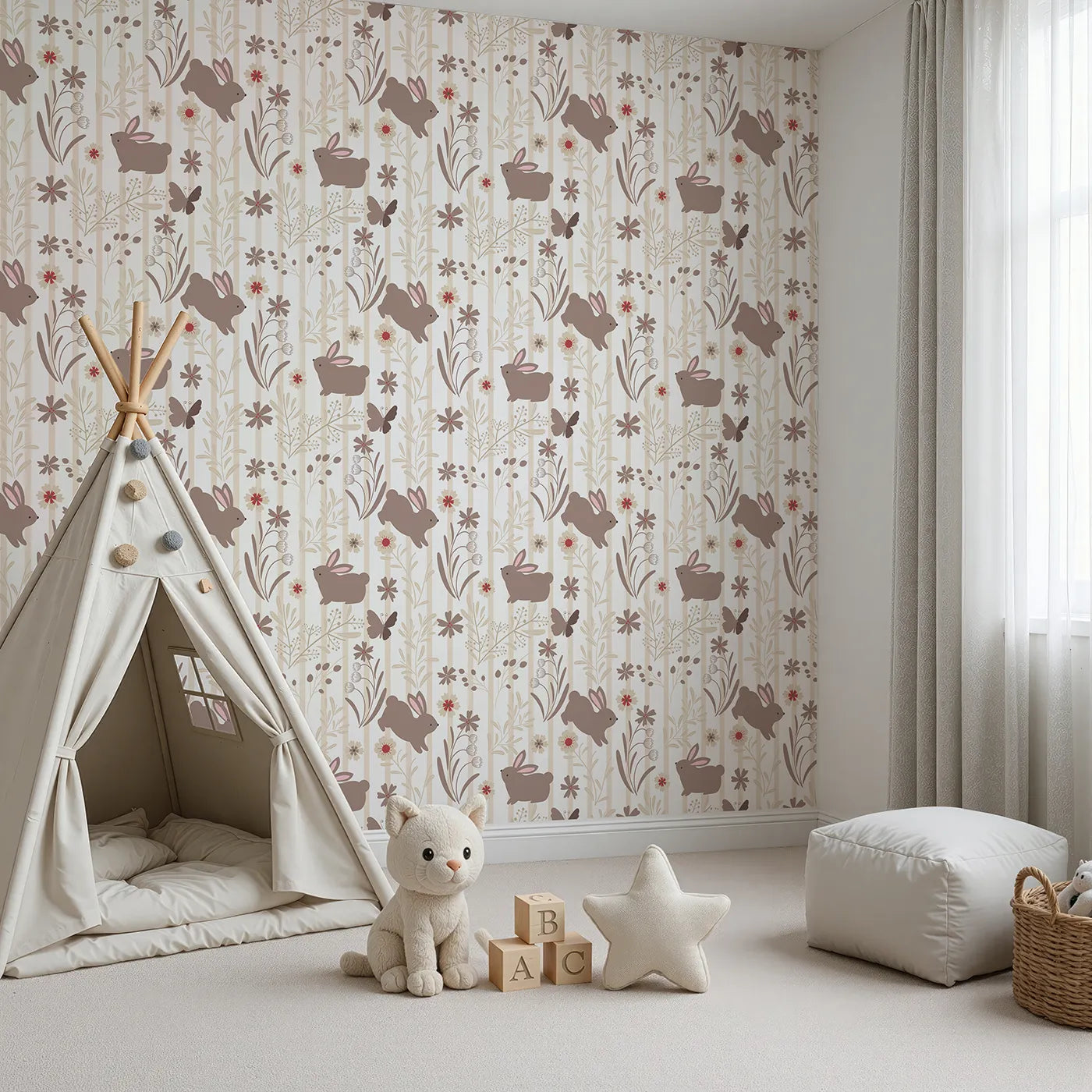 Angled view of Whimsy Tots' Meadow Hop Bunnies Wallpaper in Cream (W3071A).Soft brown bunnies and wildflowers bring a sweet woodland charm.