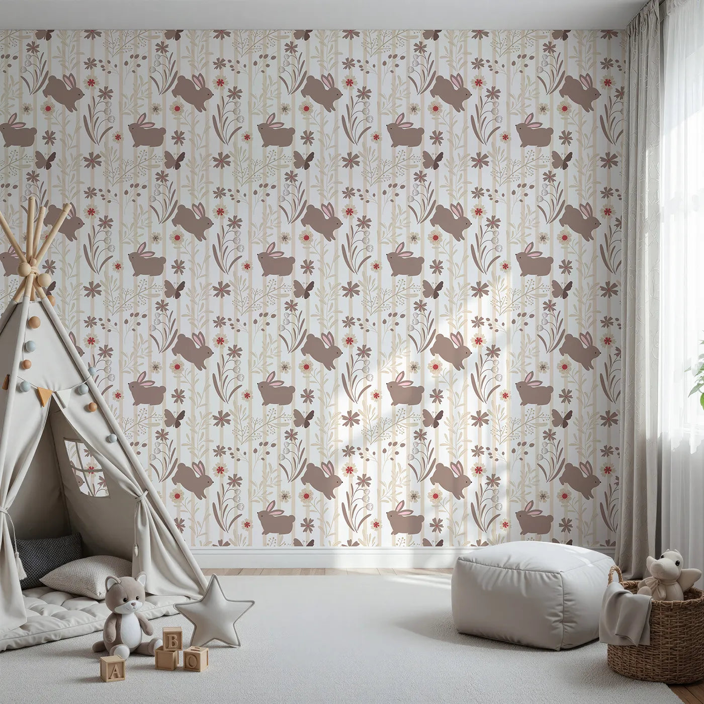 Front view of Whimsy Tots' Meadow Hop Bunnies Wallpaper in Cream